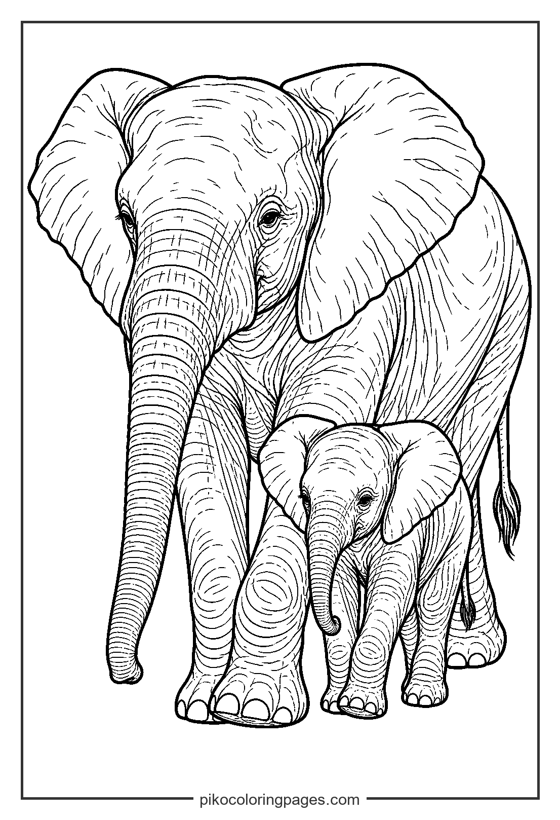 A mother's love in the wild: elephant and calf. mother and baby realistic elephant coloring page