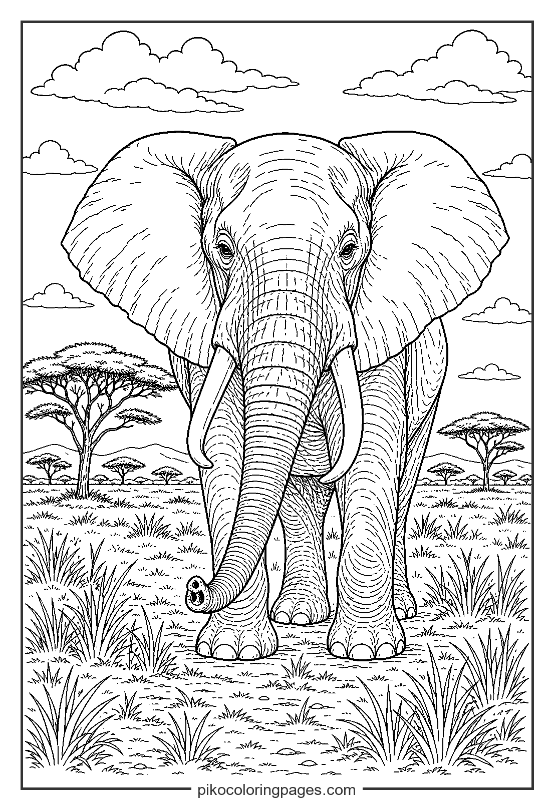 An majestic African elephant roaming the wide open savanna. realistic African elephant savanna coloring page