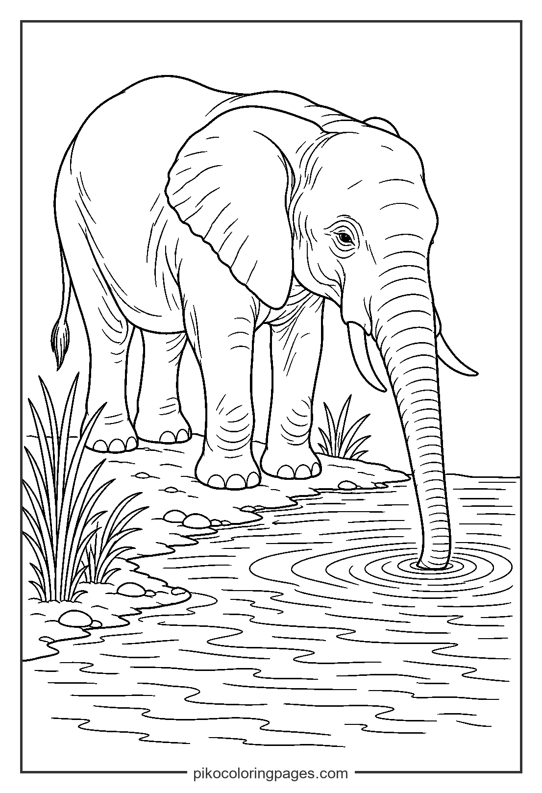 A realistic scene of an elephant refreshing itself at the river. realistic elephant at the river coloring page