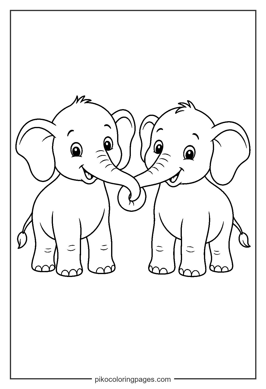 Best friends forever! Two elephants linking trunks. two baby elephants friendship coloring page printable
