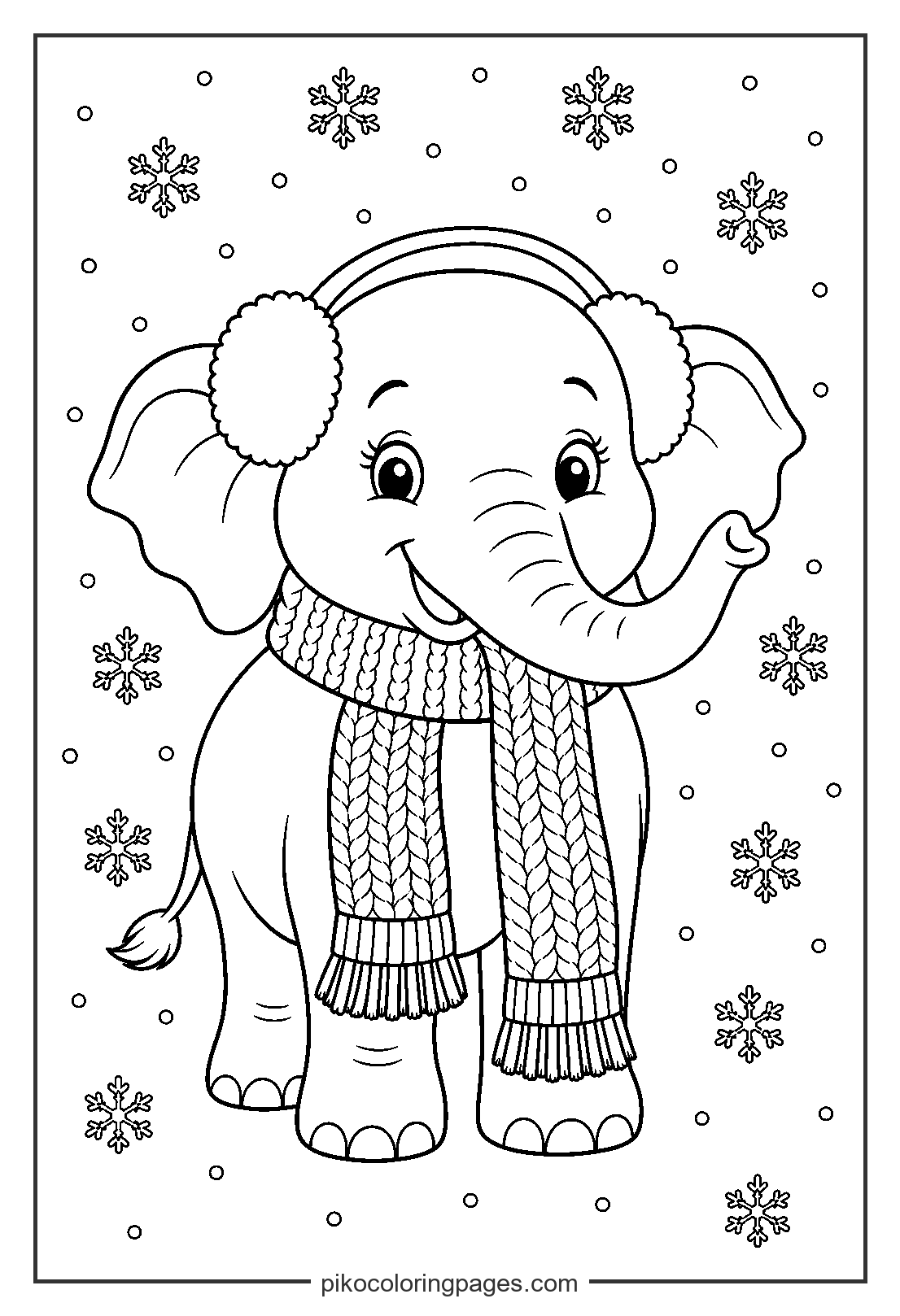 Staying warm and cozy even in the snow. winter elephant in scarf coloring page