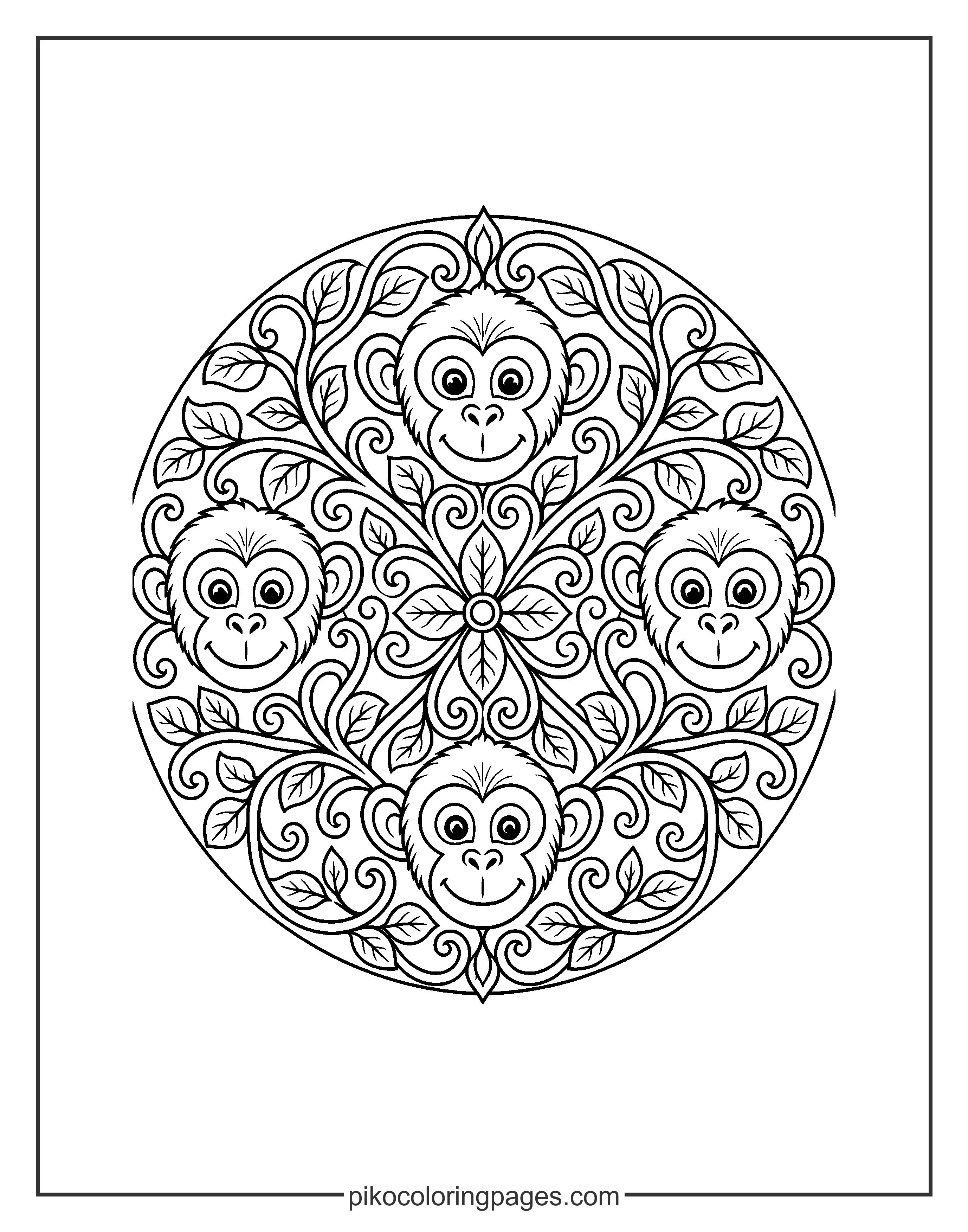 A complex jungle-themed mandala for creative minds. Circular monkey mandala with symmetrical faces and jungle vines.
