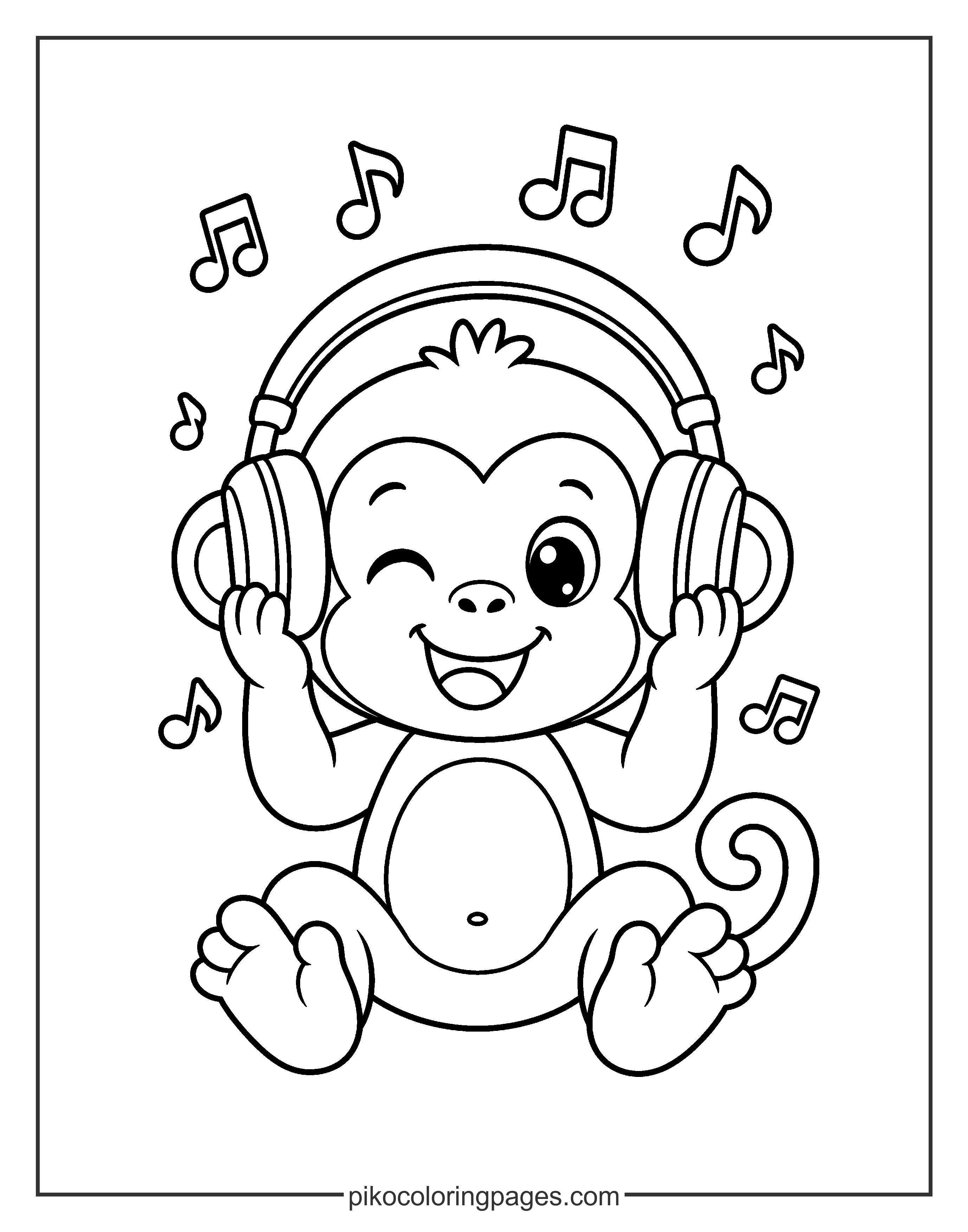 This cool monkey is jamming out to his favorite tunes! Cute monkey wearing headphones and listening to music coloring page.