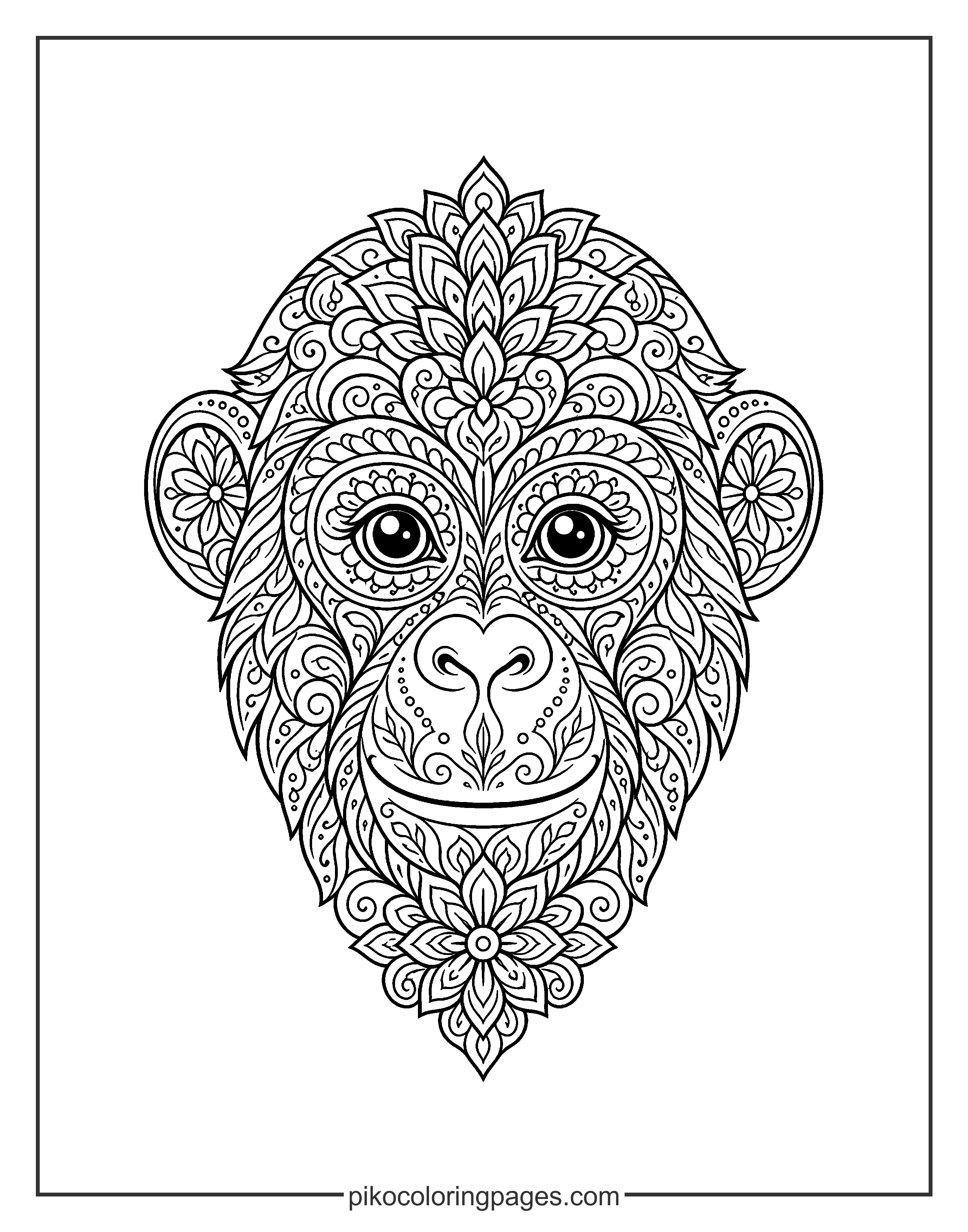 Relax with this complex monkey mandala design. Intricate monkey head mandala coloring page with floral and geometric patterns.