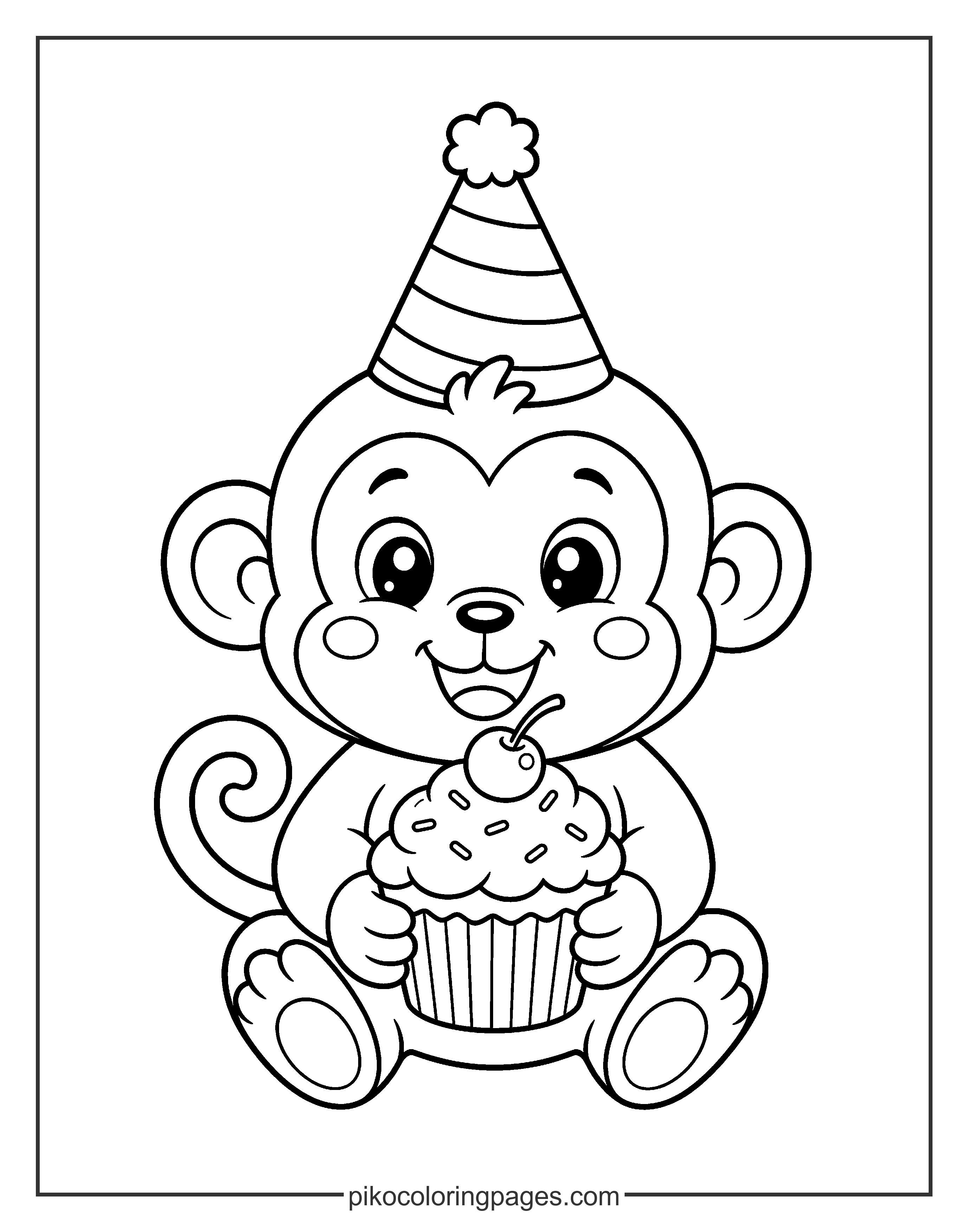 Time to celebrate with this birthday-loving monkey! Kawaii birthday monkey with a hat and cupcake coloring page.