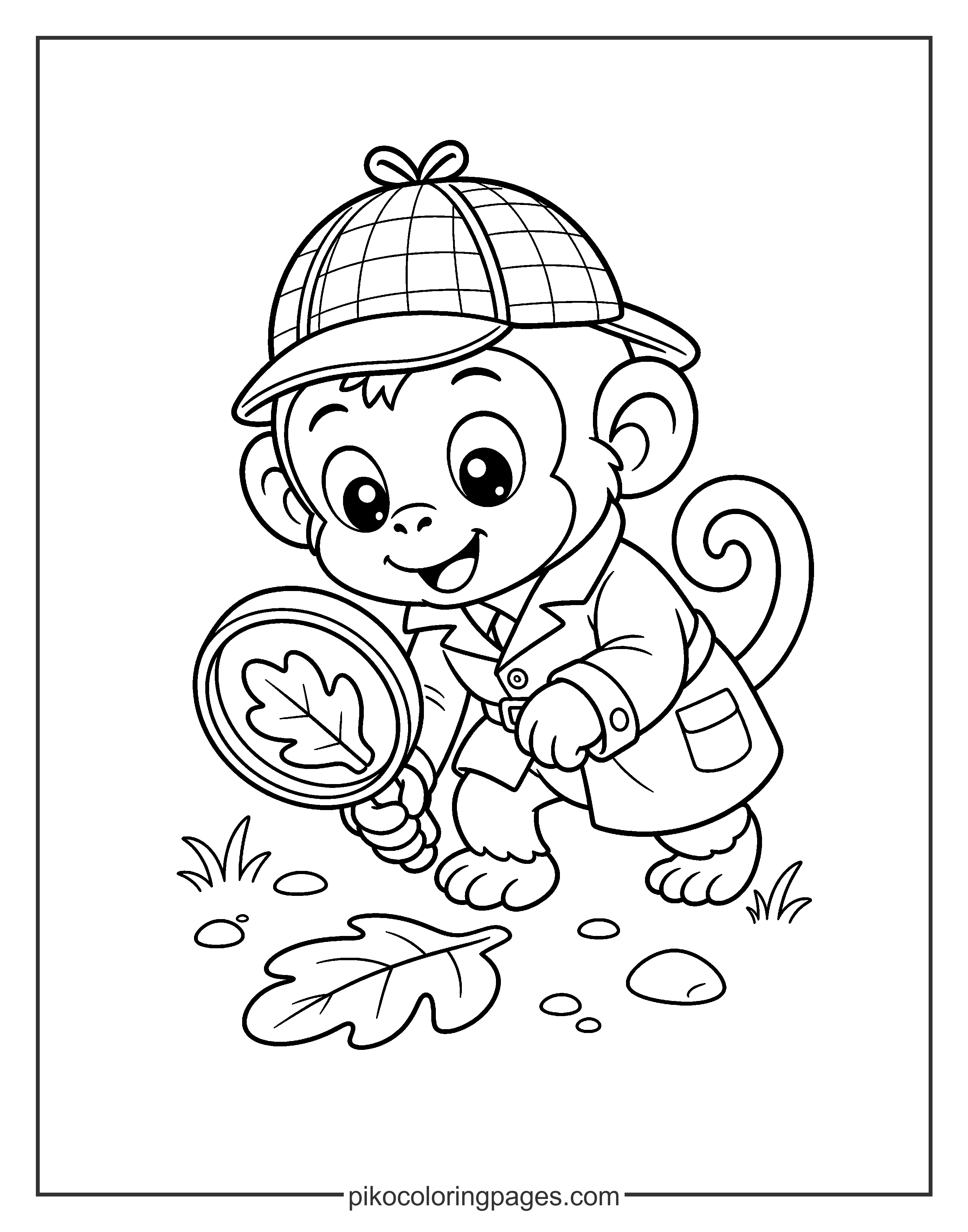 This detective monkey is on the case! Kawaii detective monkey with a magnifying glass coloring page.