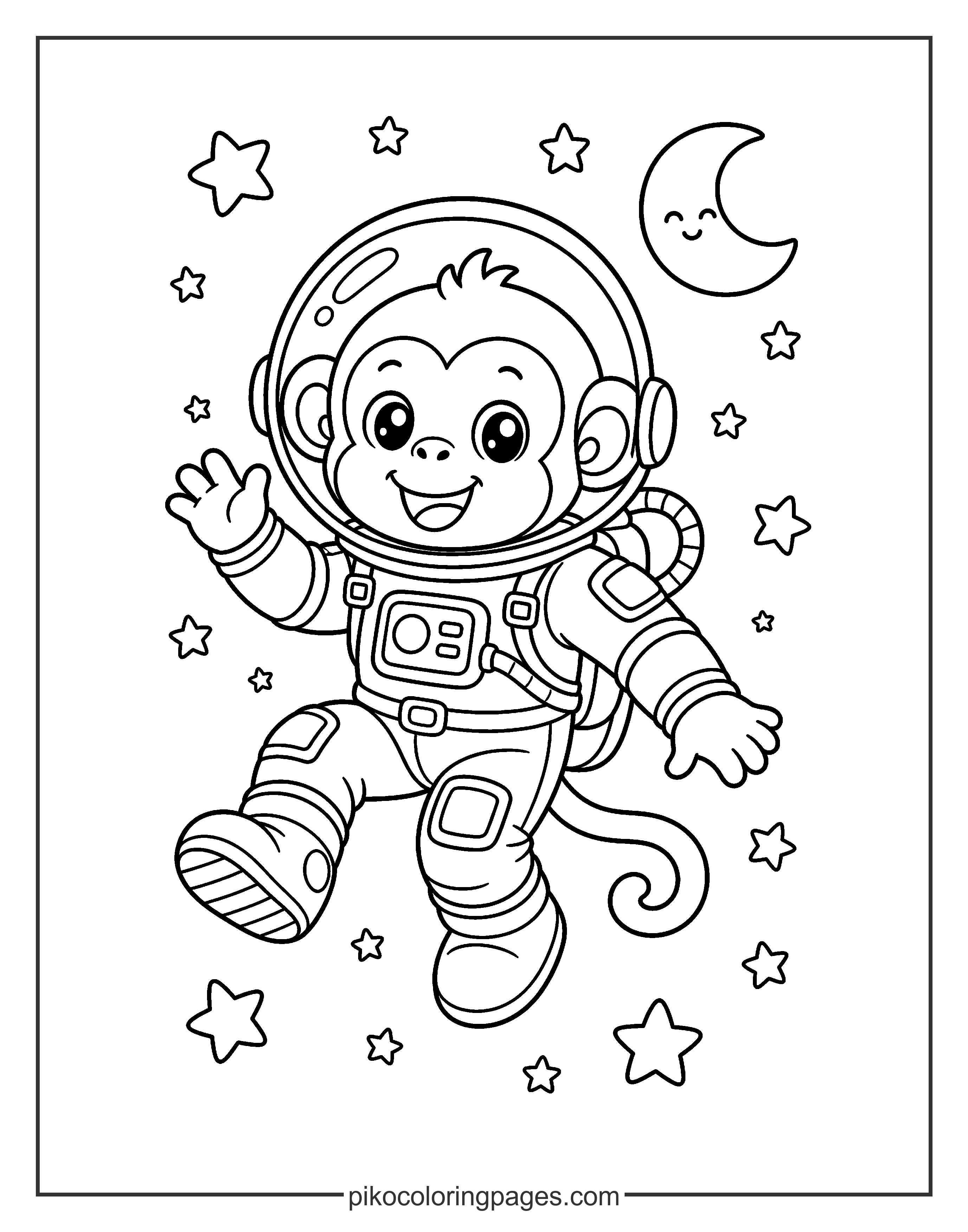 An out-of-this-world adventure with an astronaut monkey! Kawaii monkey astronaut in space coloring page, stars and moon background.