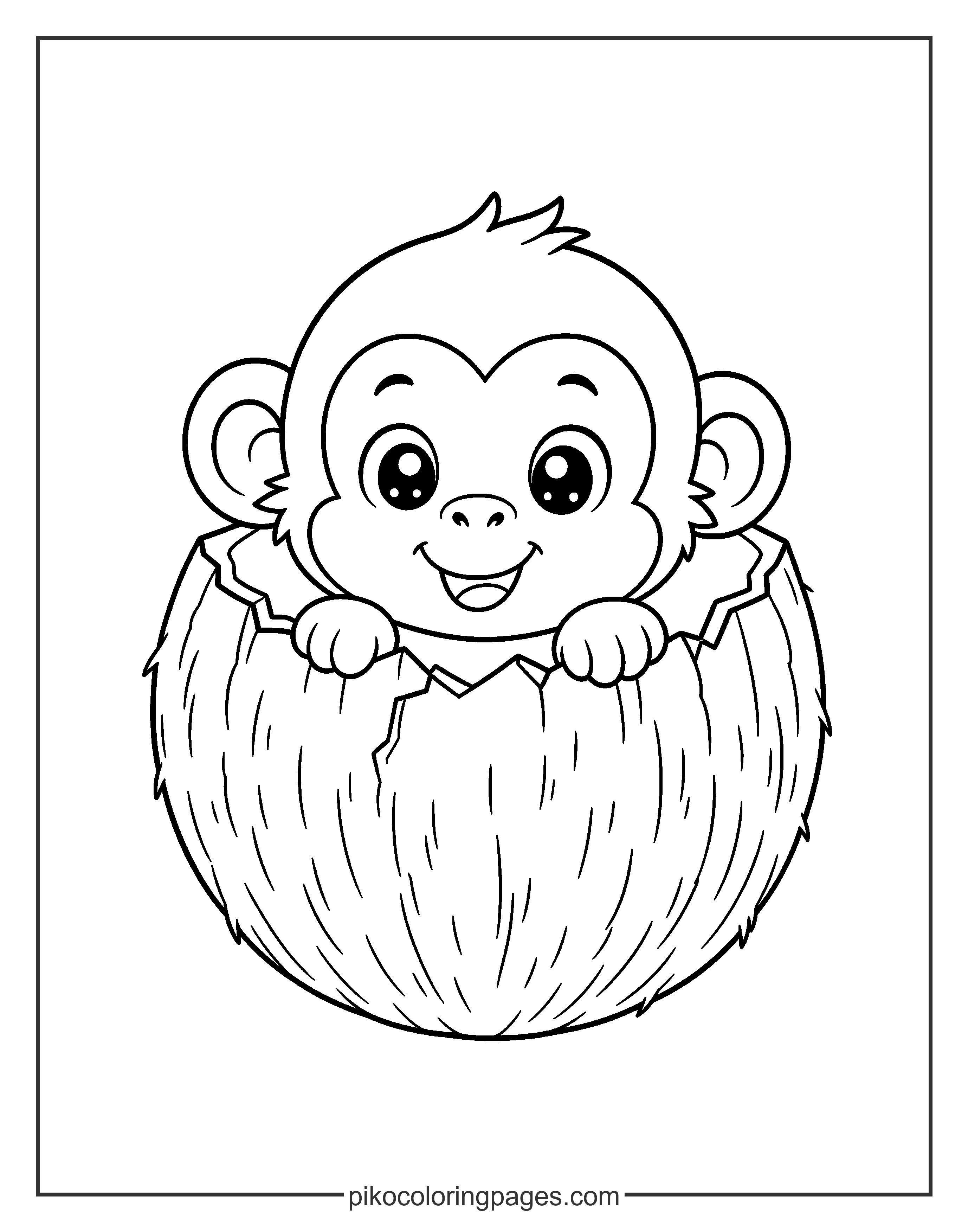 Peek-a-boo! Who's hiding in the coconut? Cute monkey peeking out from a coconut, kawaii style coloring page.