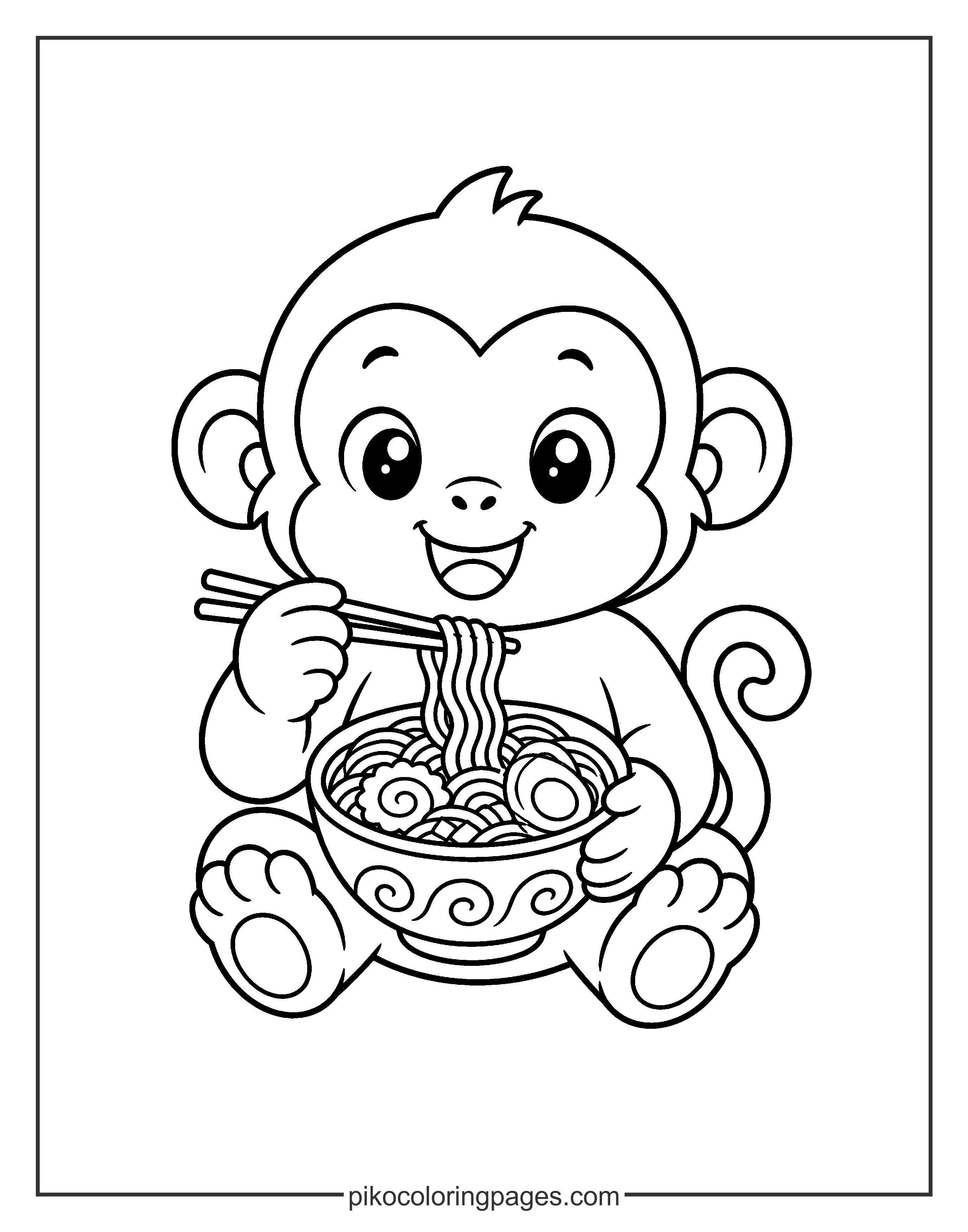 Yum! This monkey is enjoying some delicious noodles. Kawaii monkey eating ramen noodles coloring page.
