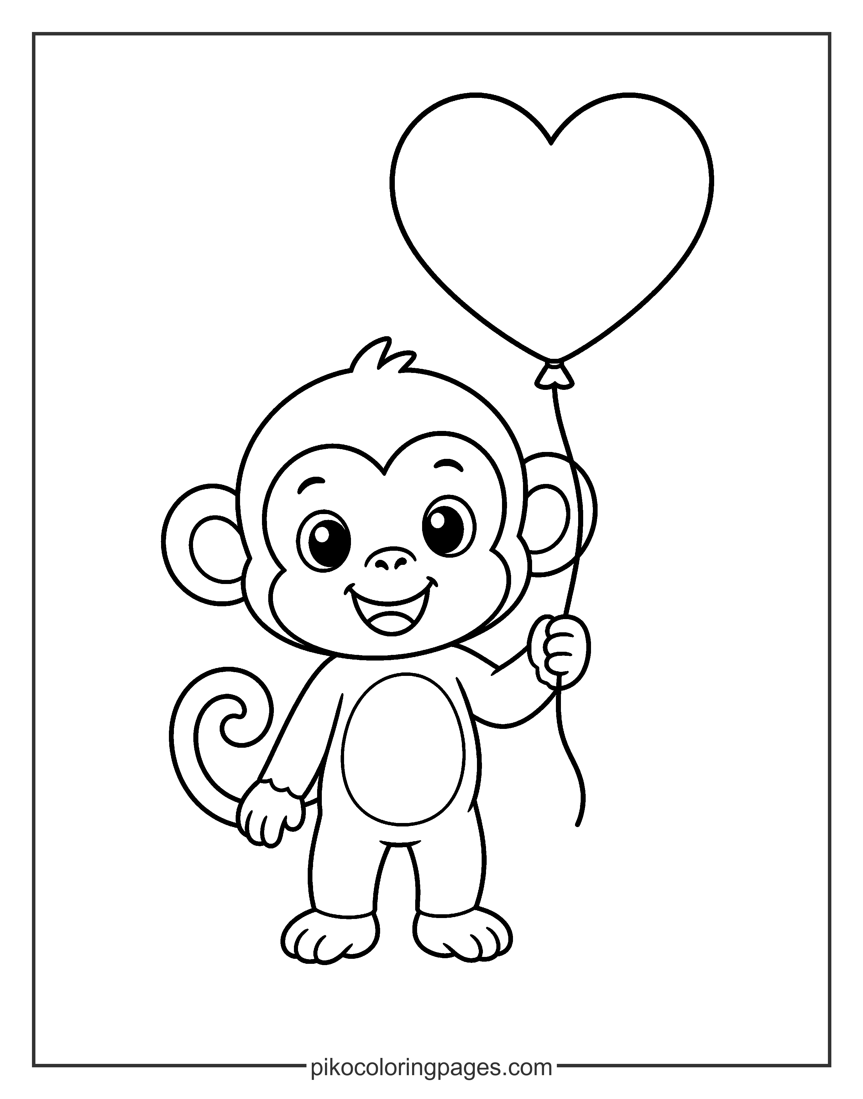 A whole lot of love from this little monkey! Kawaii monkey with a heart balloon, sweet coloring page for Valentine's day.