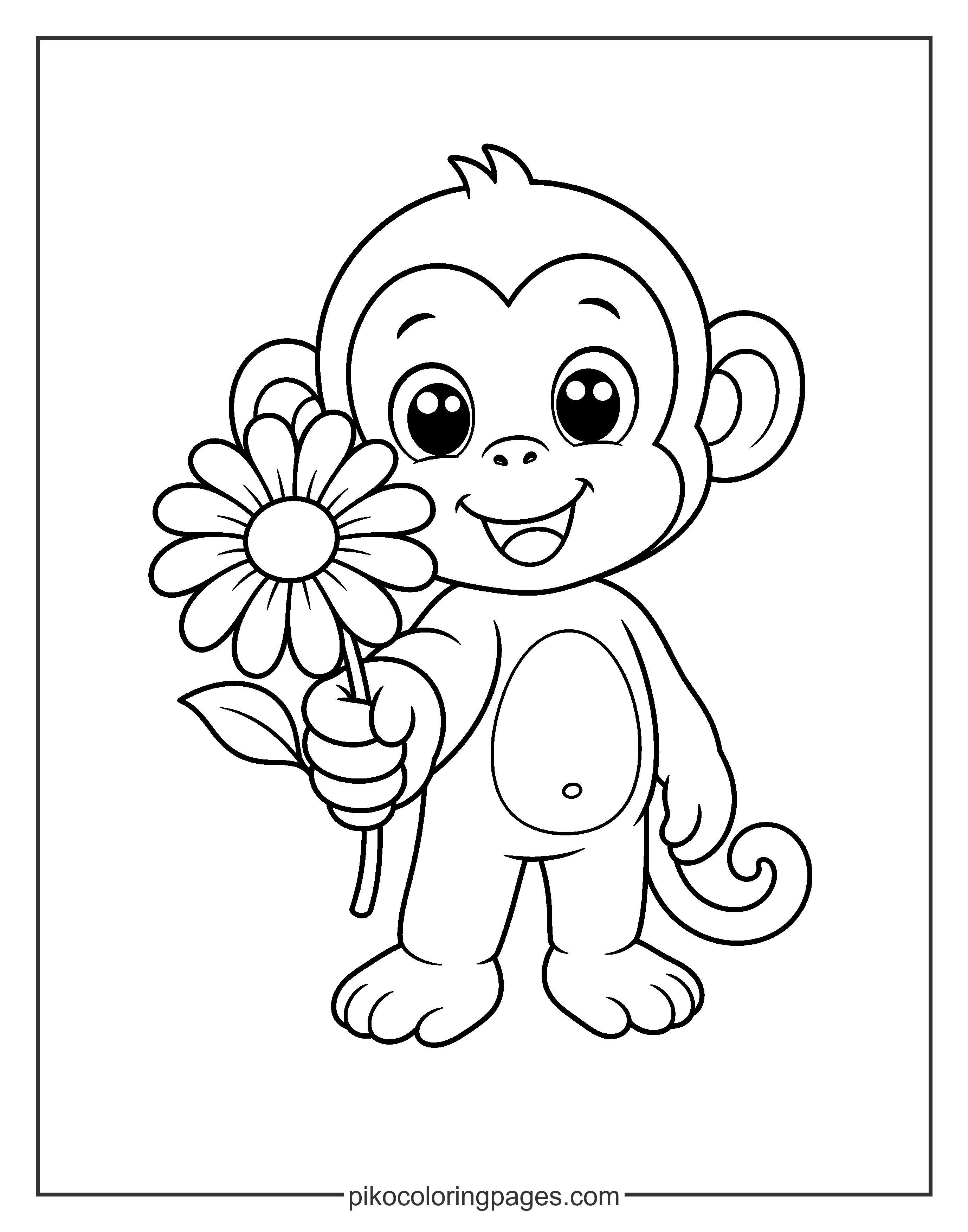 A sweet little monkey sharing a flower with you. Cute monkey holding a flower, sweet coloring page for kids.