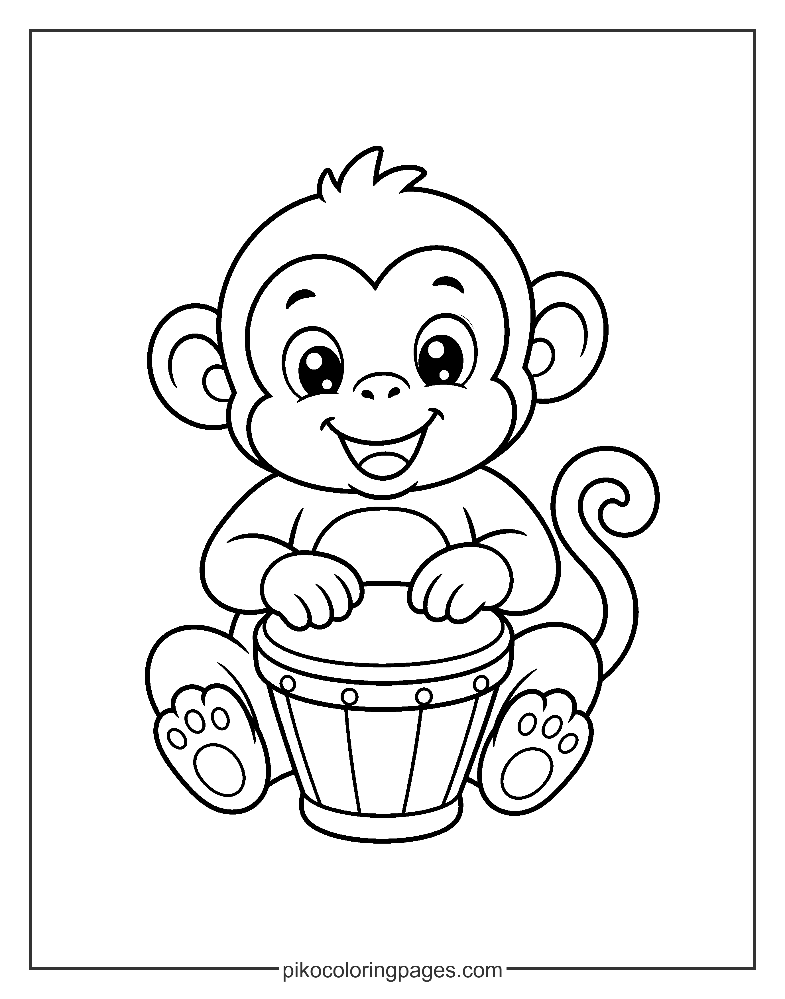 This monkey has a great rhythm! Kawaii monkey playing a drum, musical animal coloring page.