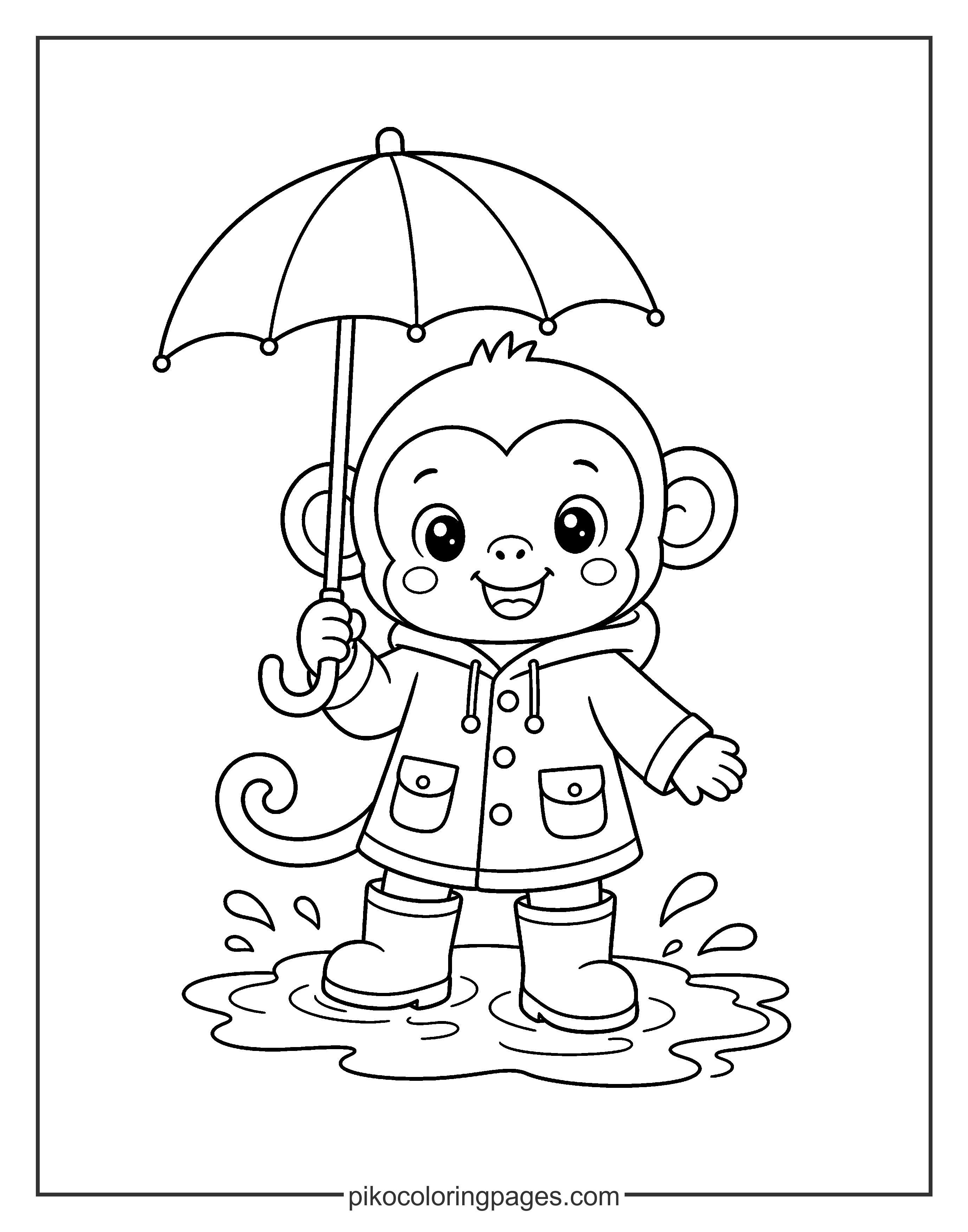 Even a rainy day is fun for this little monkey! Cute monkey in a raincoat with an umbrella coloring page for a rainy day.