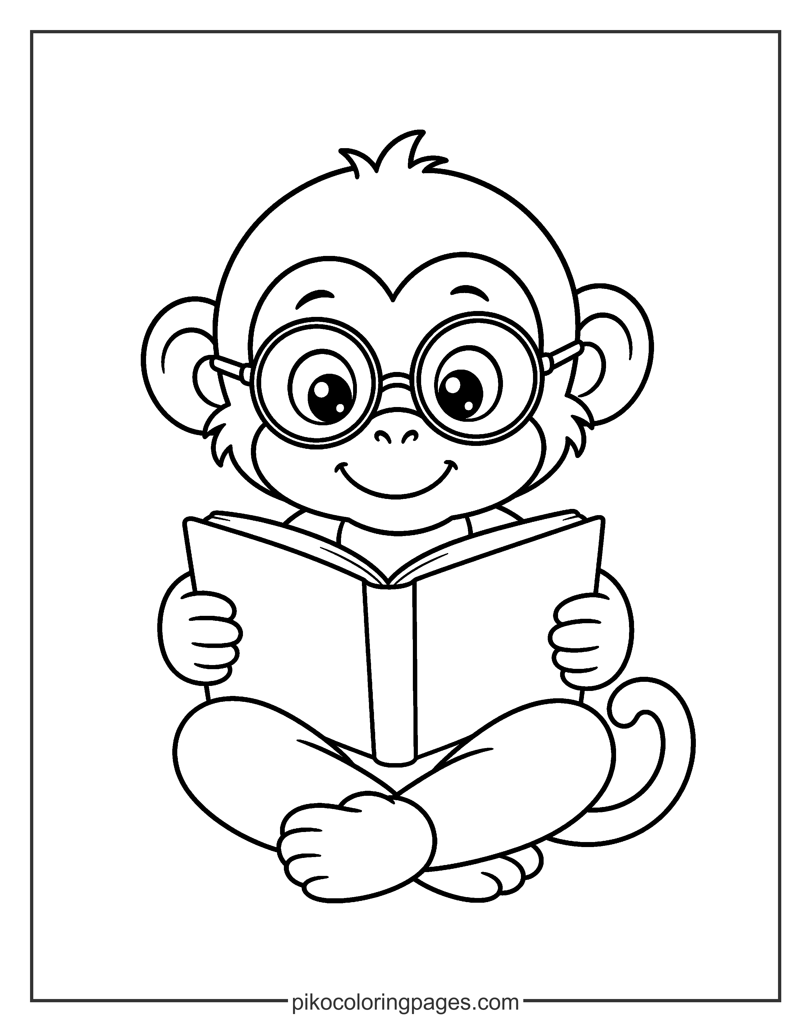 Even monkeys love a good story! Kawaii monkey reading a book with glasses coloring page.