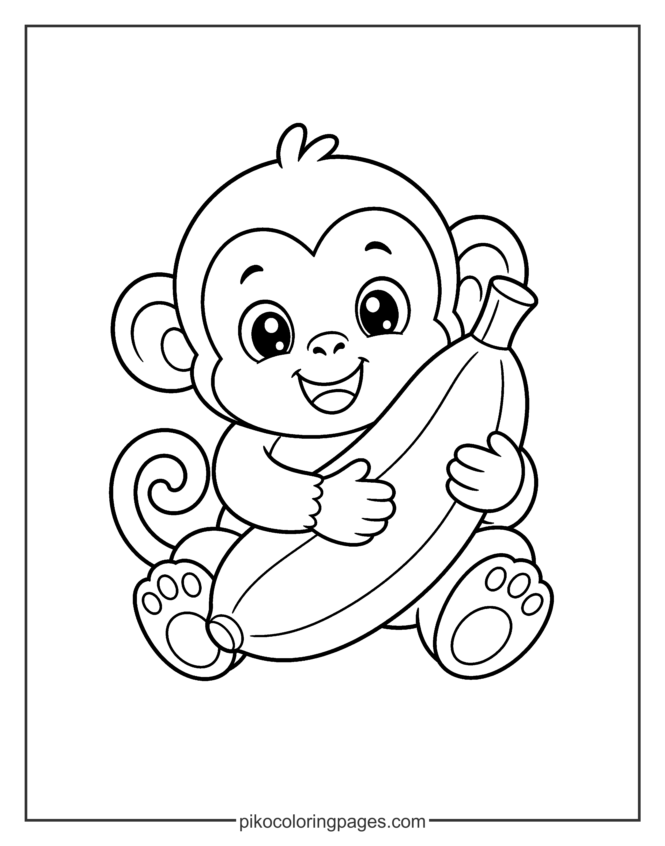 Look at this happy monkey and his favorite snack! Kawaii monkey hugging a giant banana, cute and simple coloring page.