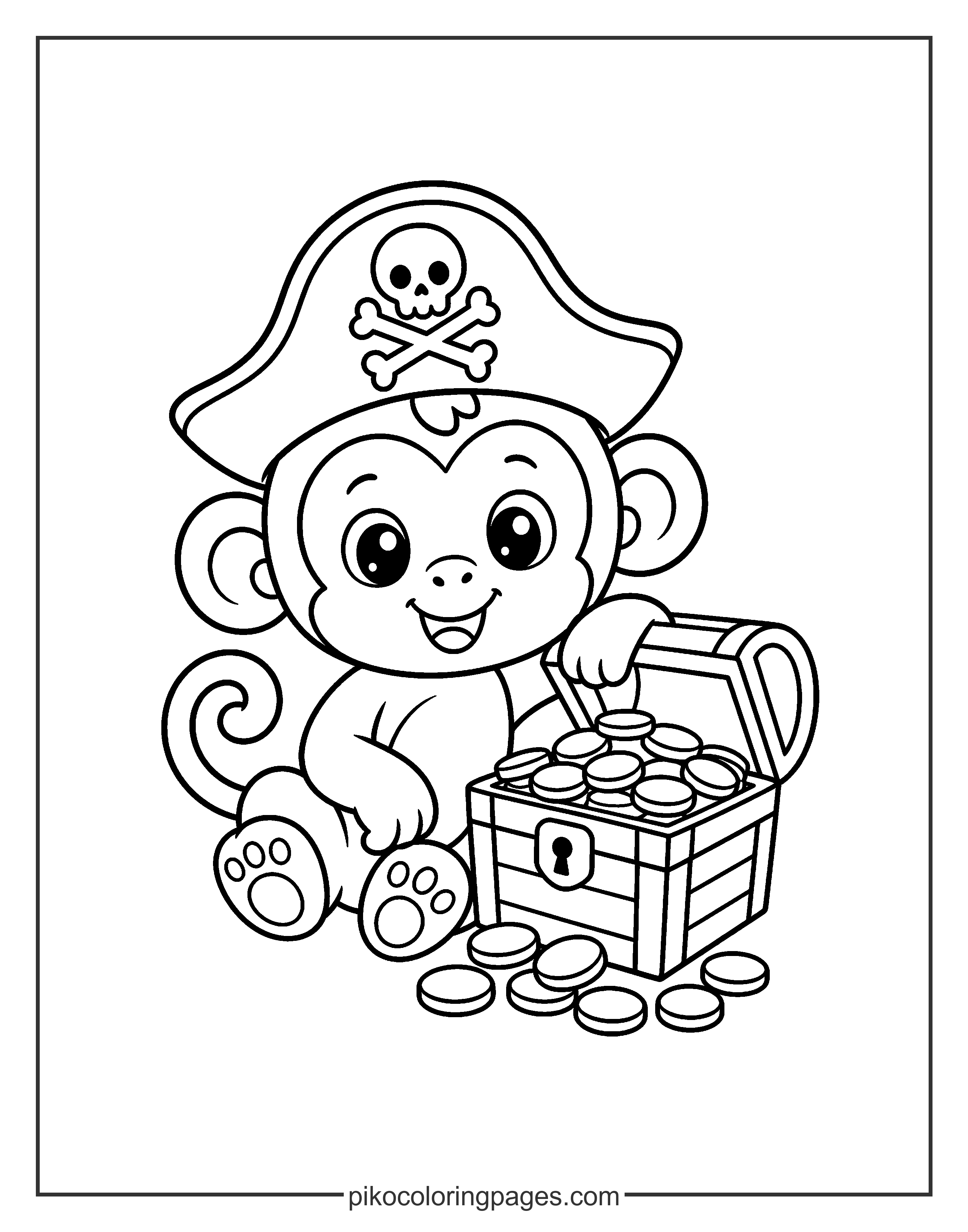 Join this pirate monkey on a quest for treasure! Kawaii pirate monkey with a treasure chest coloring page.