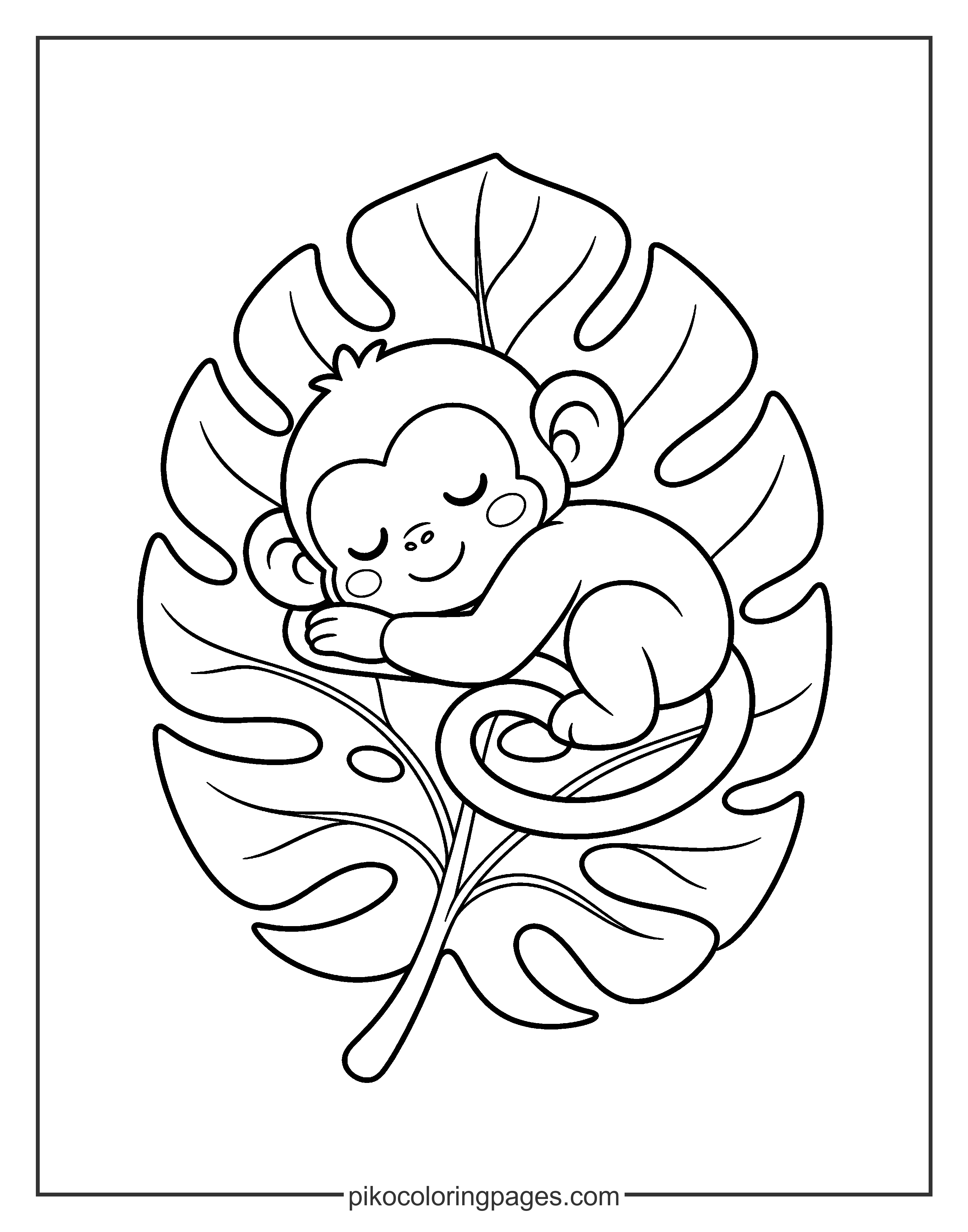 Shhh... this little monkey is taking a nap on a big leaf. Cute sleeping monkey on a tropical leaf, kawaii coloring page.