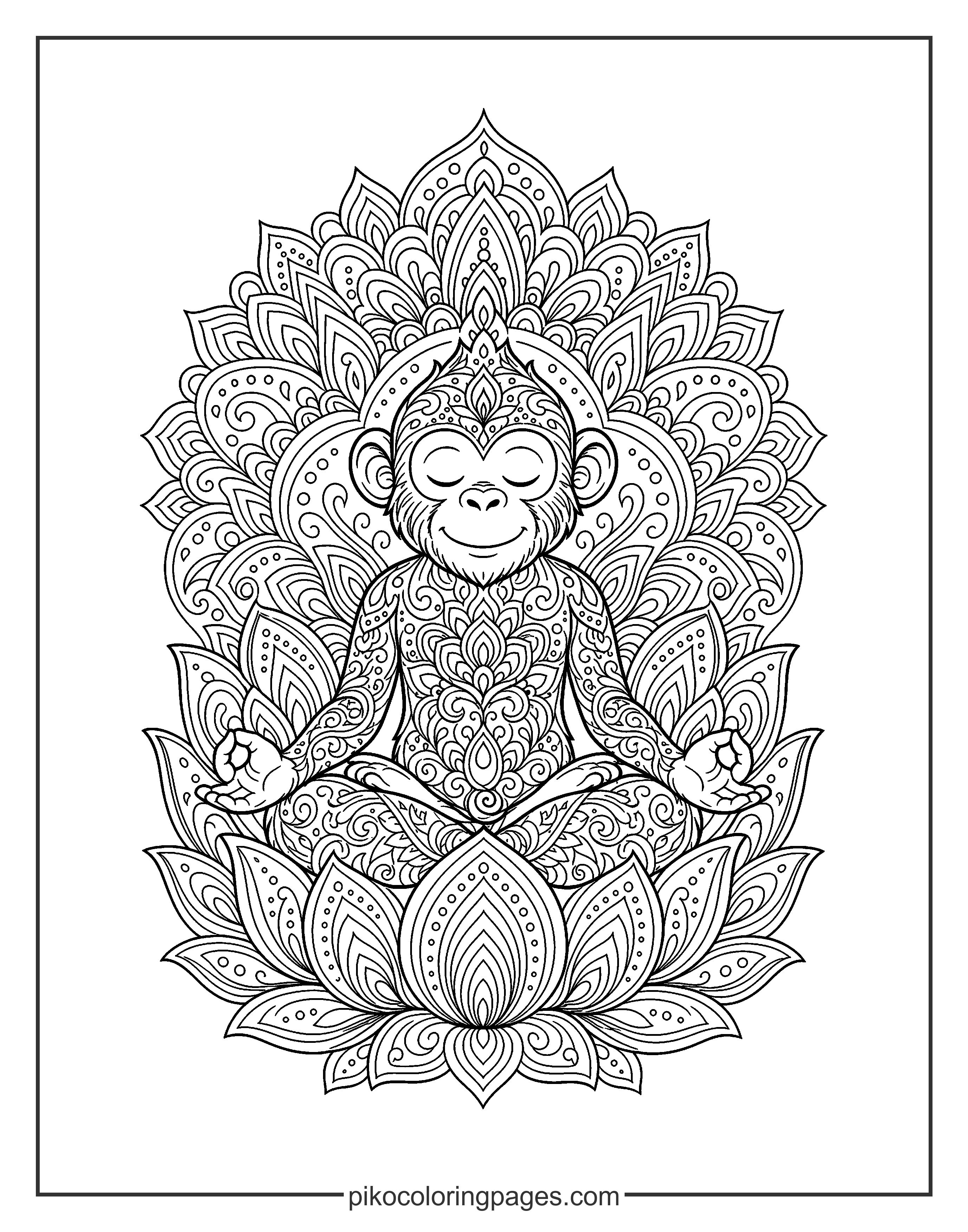 Find your inner peace with this monkey mandala. Monkey in a lotus flower mandala coloring page for meditation.