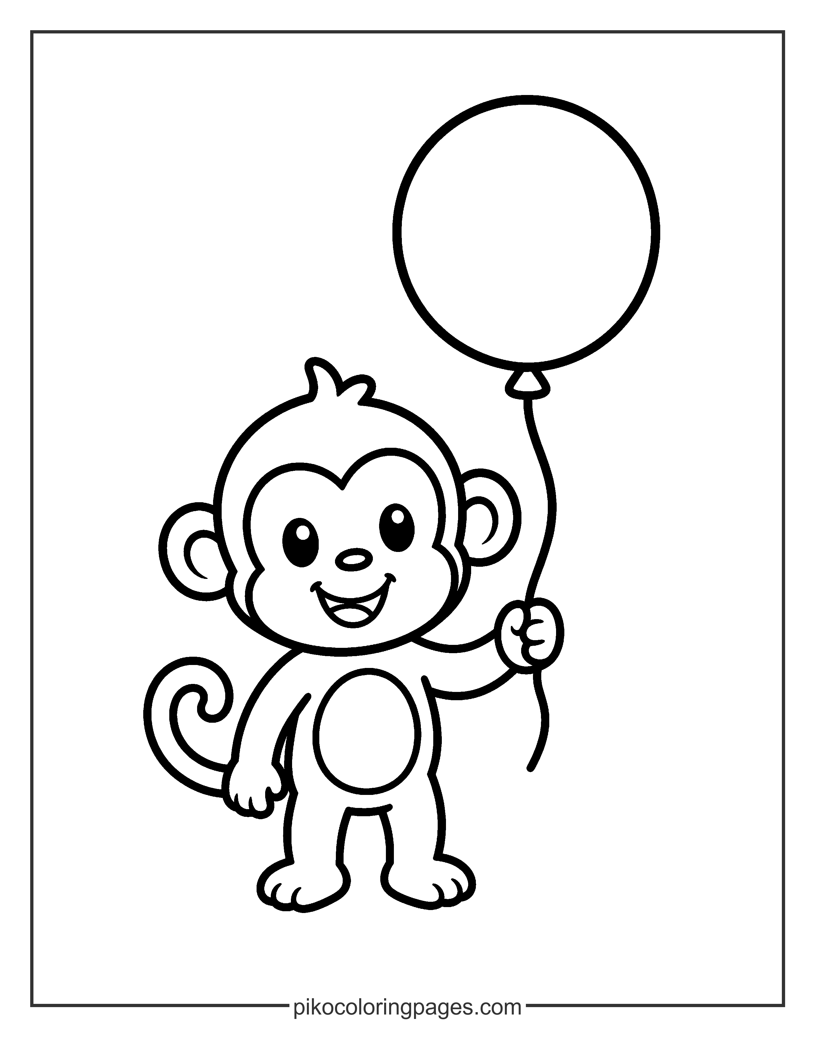 A happy monkey celebrating with a big balloon! Simple monkey with a balloon, easy coloring page for preschoolers.