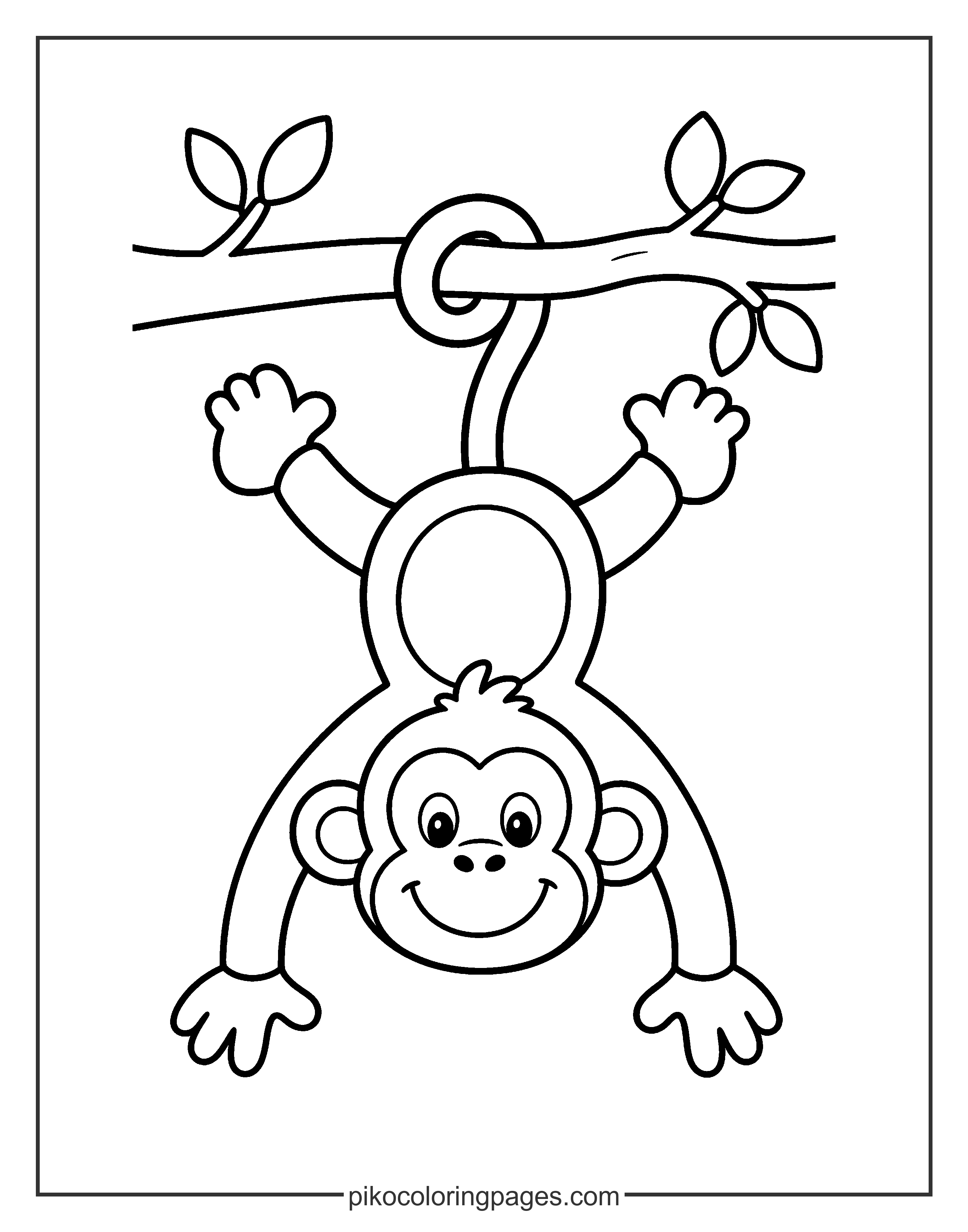 Look at this monkey hanging upside down! Simple monkey hanging by its tail, easy coloring page for preschool kids.