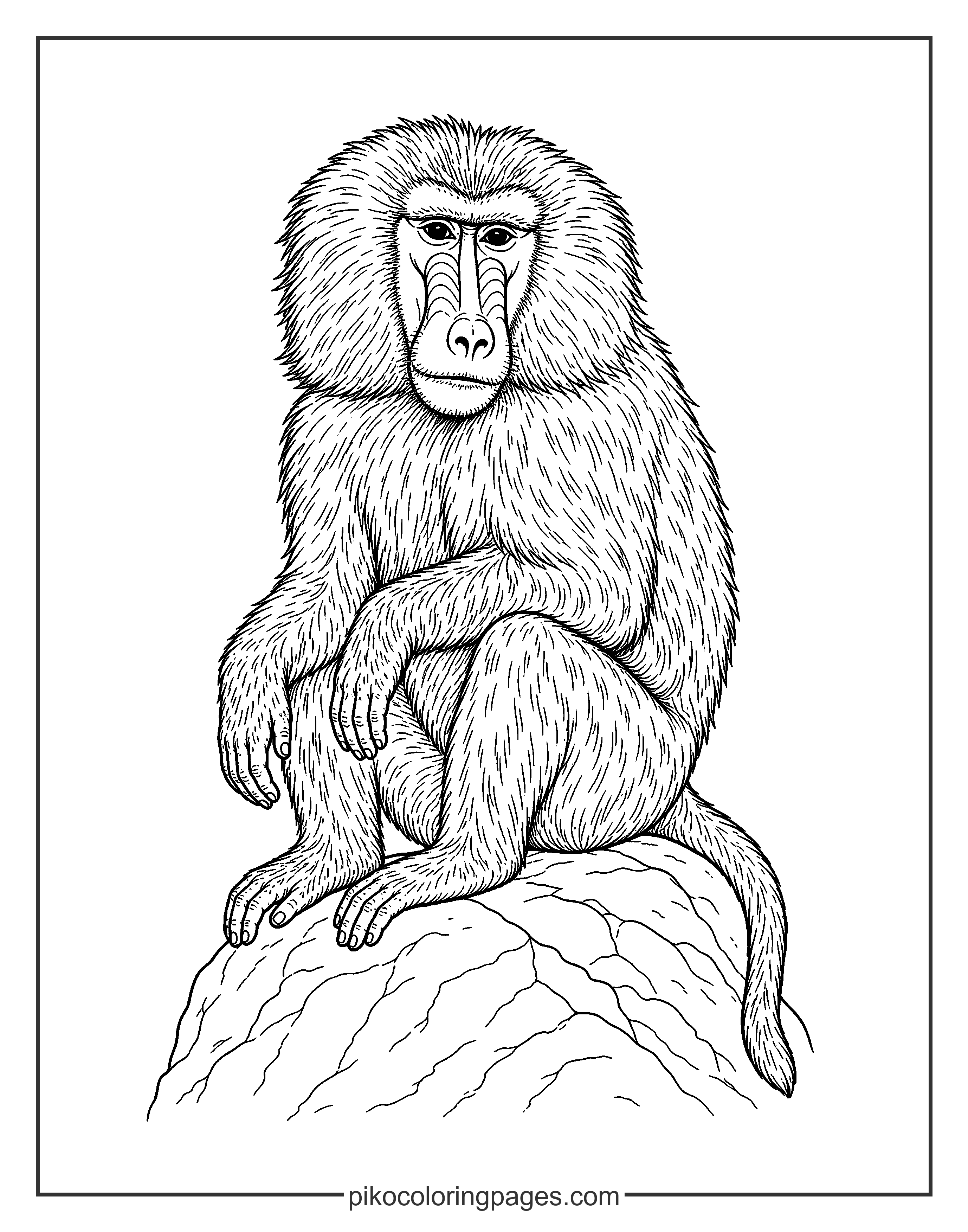 The baboon has a very unique and interesting look. Realistic baboon coloring page, detailed African primate art.