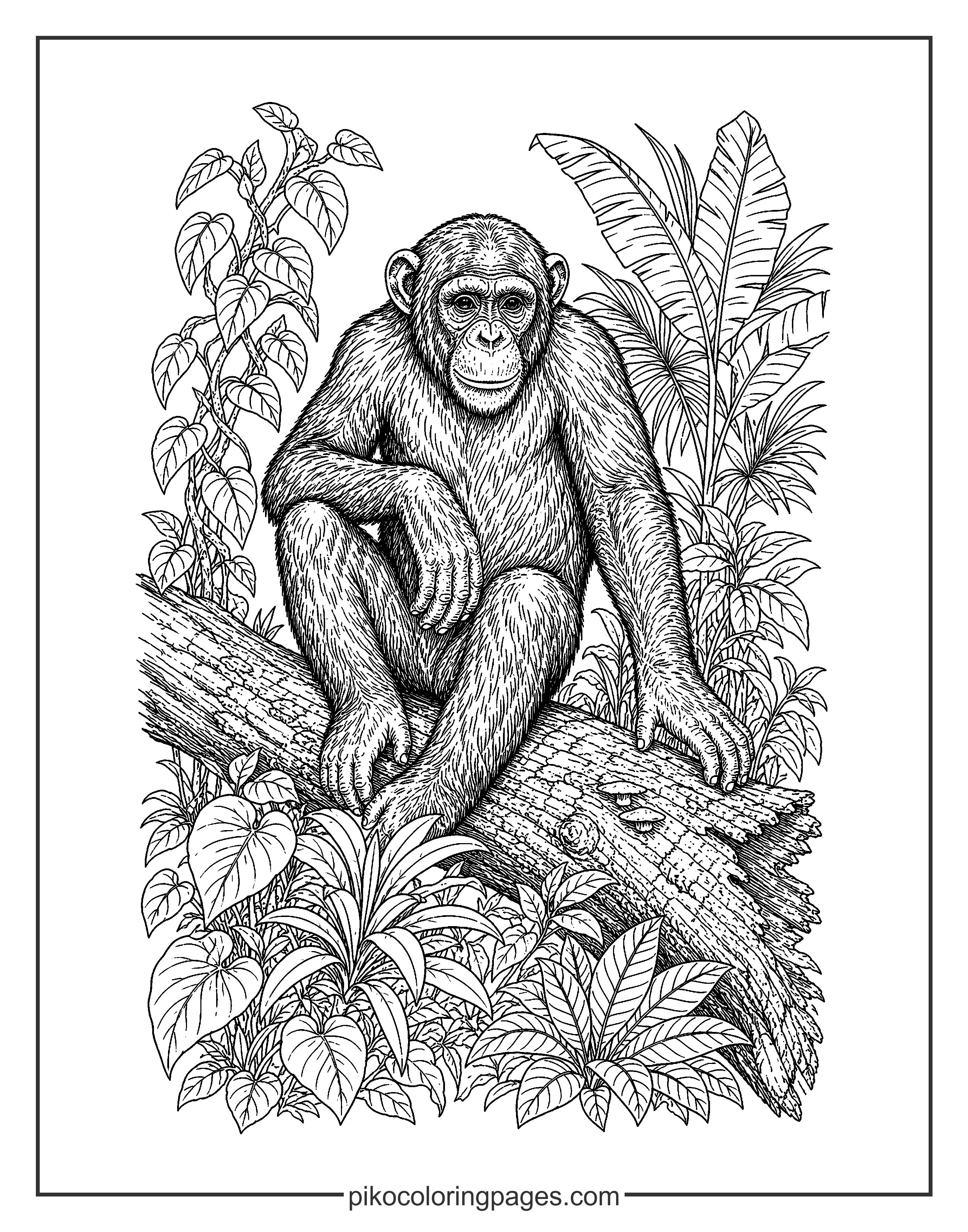 A peaceful chimpanzee rests in the heart of the jungle. Realistic chimpanzee sitting on a log in the rainforest, detailed line art coloring page.