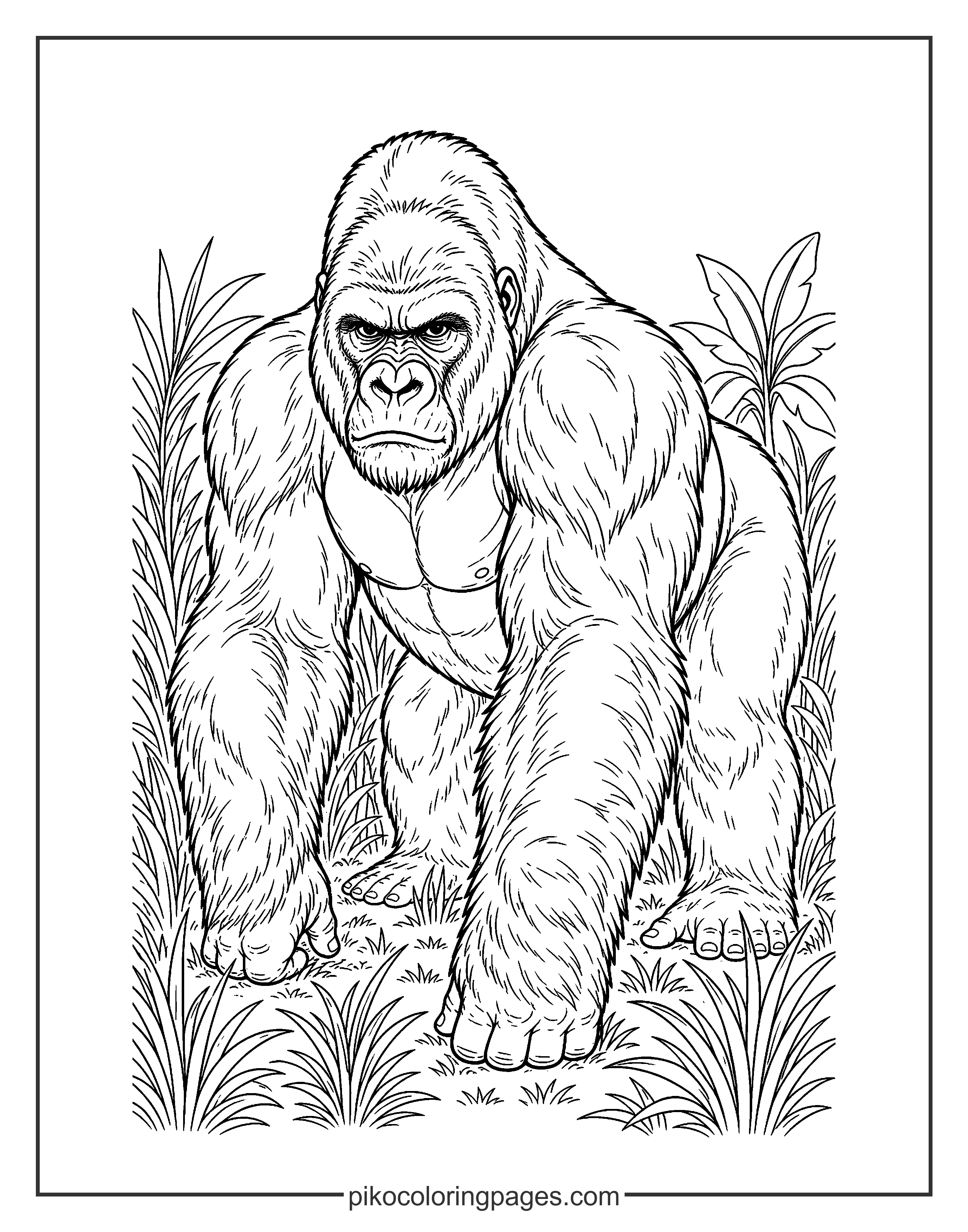 The mighty gorilla stands proud in the jungle grass. Realistic gorilla in the jungle, detailed primate coloring page.