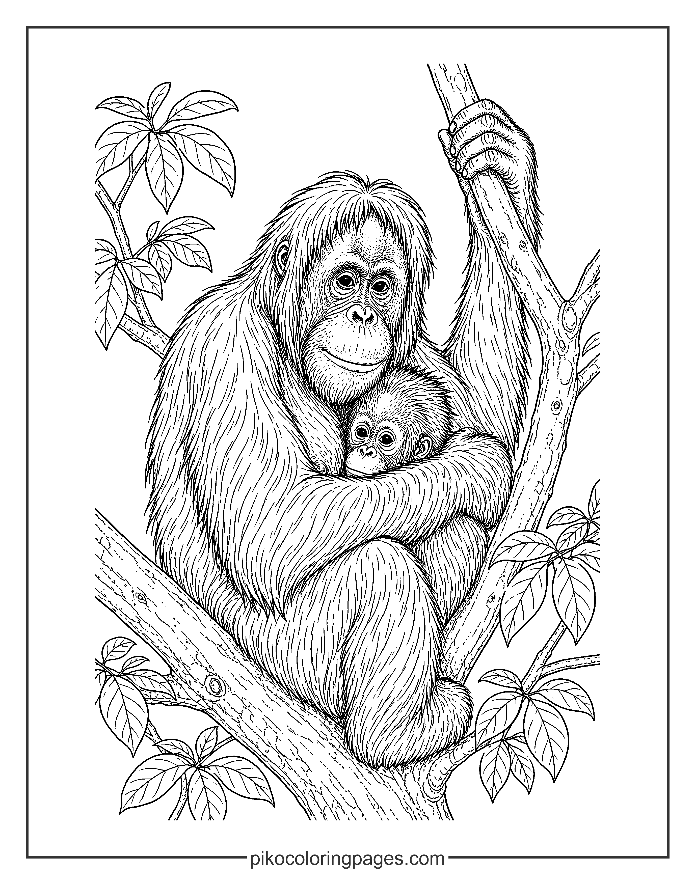 A tender moment between a mother orangutan and her baby. Realistic orangutan mother and baby coloring page, detailed jungle scene.