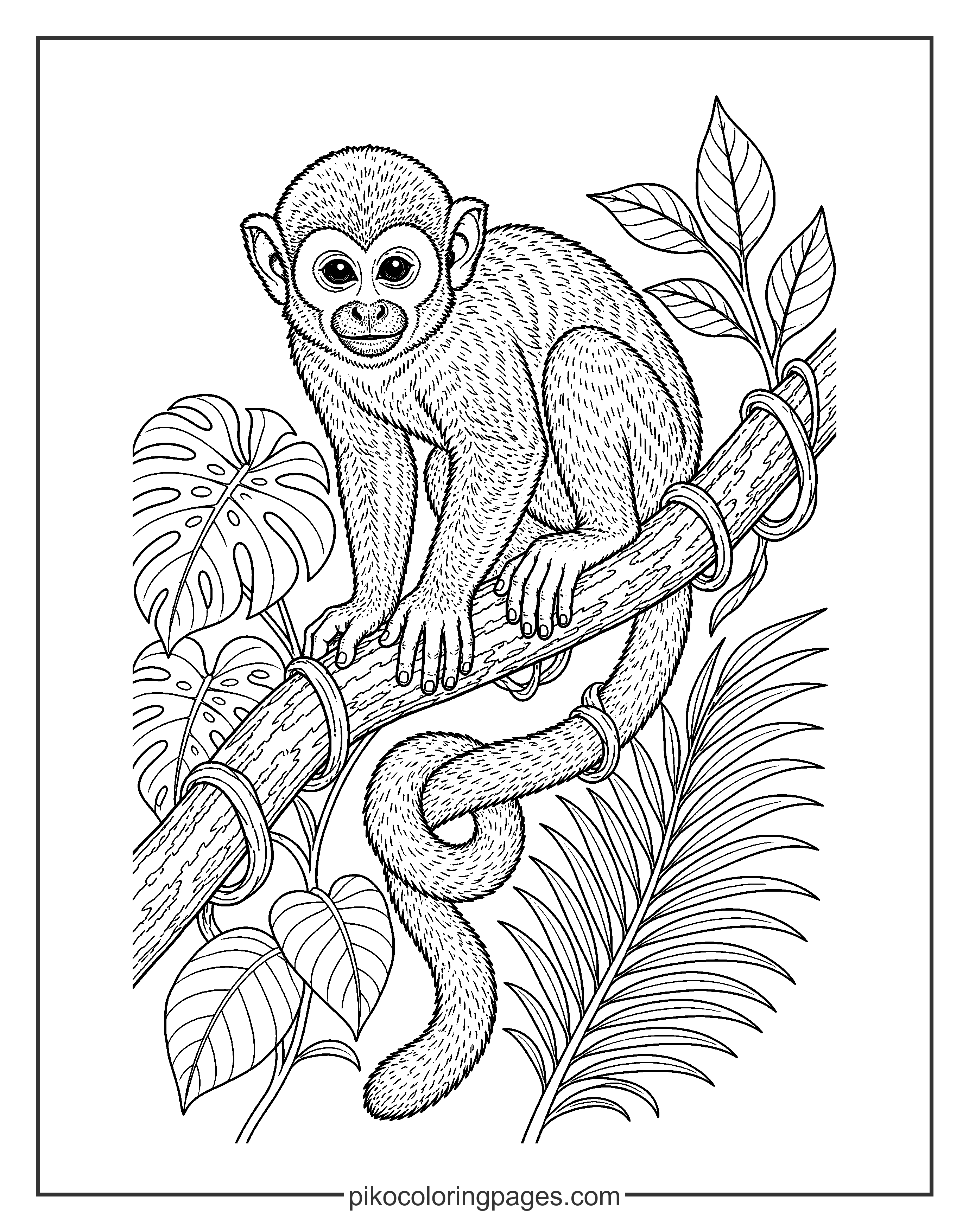 The squirrel monkey is small, fast, and very cute! Realistic squirrel monkey on a branch coloring page, detailed nature art.
