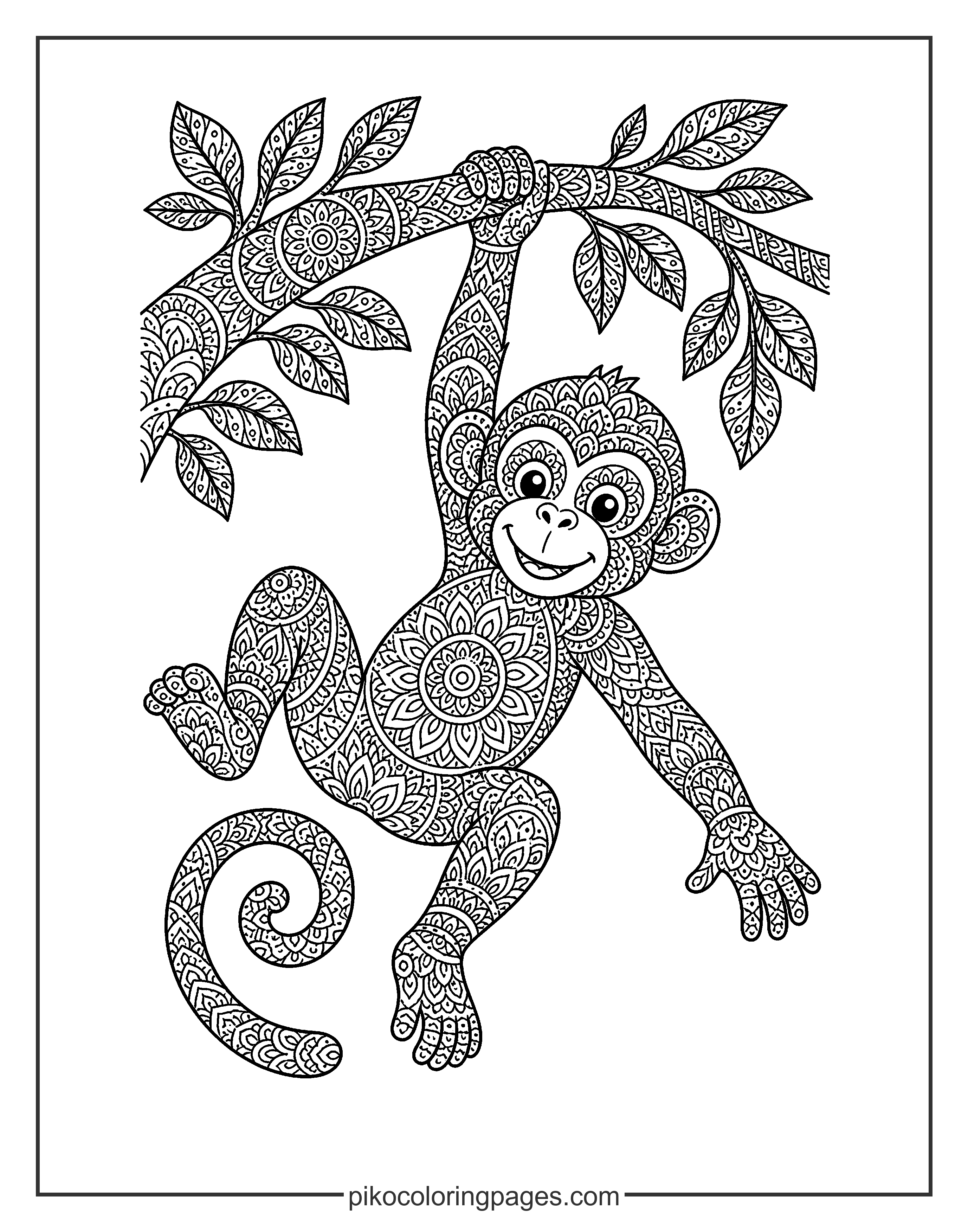 A beautiful blend of nature and geometric art. Monkey swinging on a branch with intricate mandala patterns for coloring.