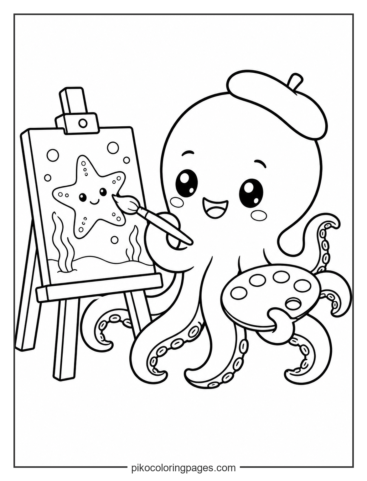 This octopus artist is creating a real masterpiece. kawaii artist octopus coloring page