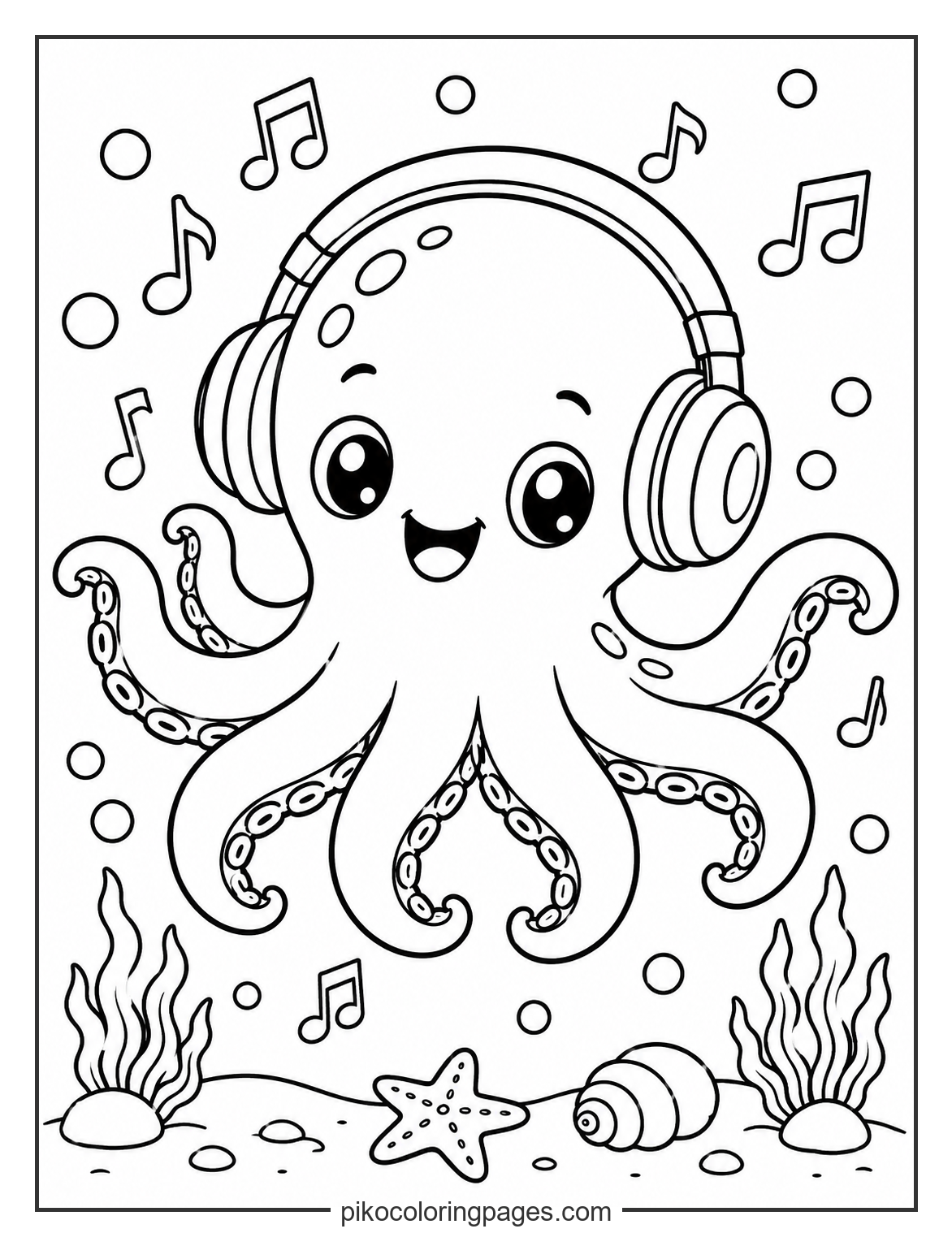 This octopus is jamming out to some underwater tunes! cute octopus listening to music coloring page