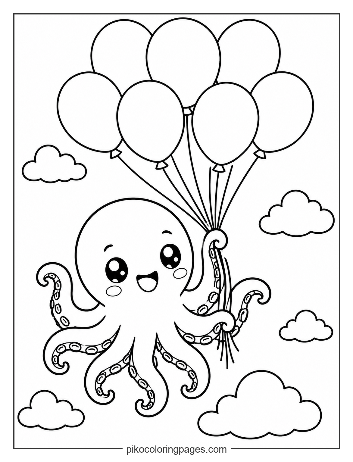 Floating high with a bunch of festive balloons! kawaii octopus with balloons coloring page