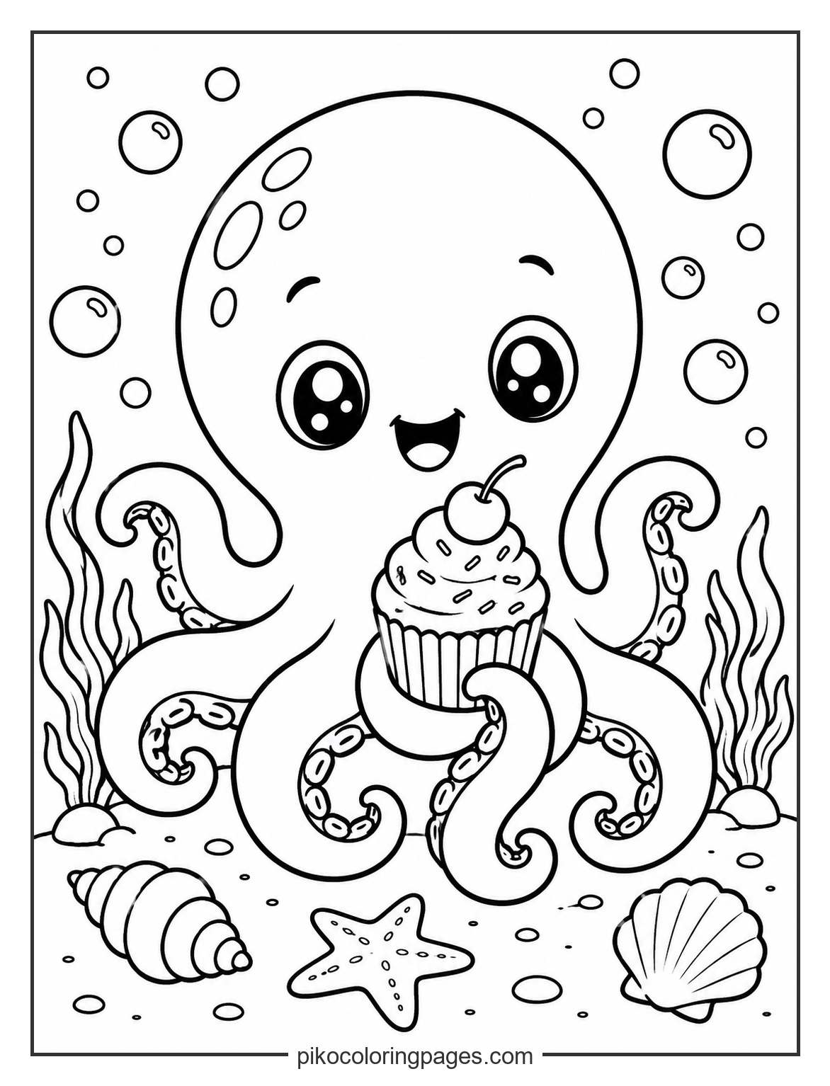 Even octopuses love a sweet treat every now and then! cute octopus with cupcake coloring page