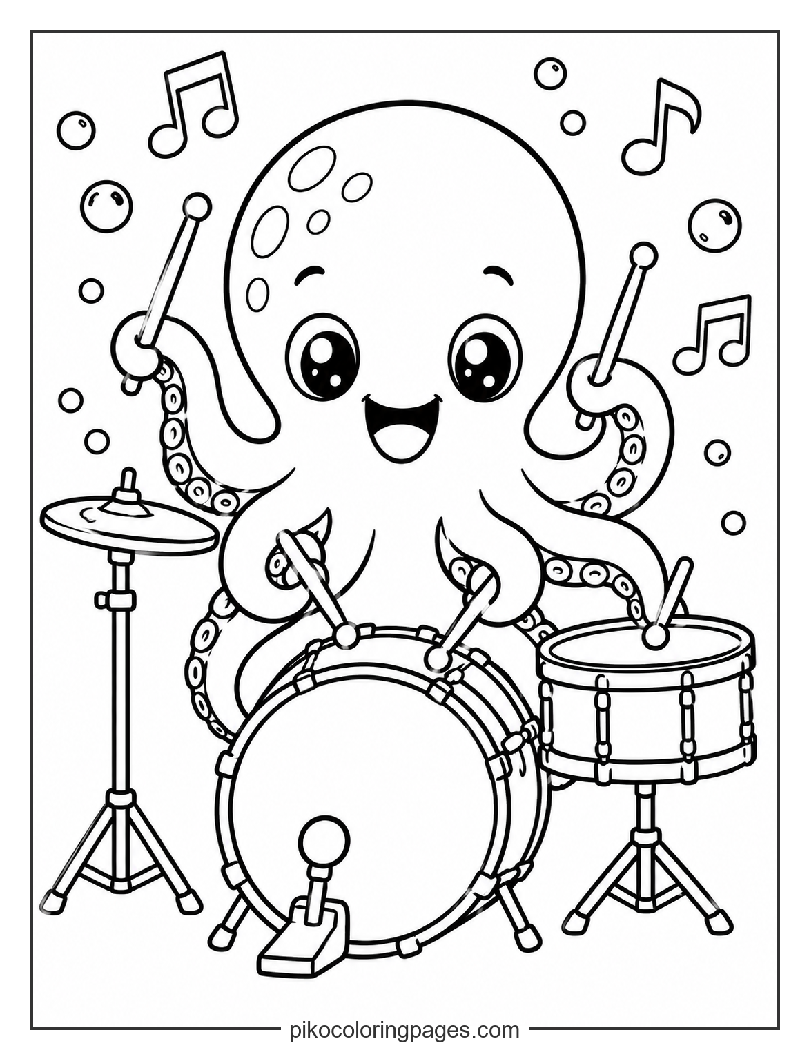 Having eight arms makes playing the drums much easier! kawaii octopus drummer coloring page