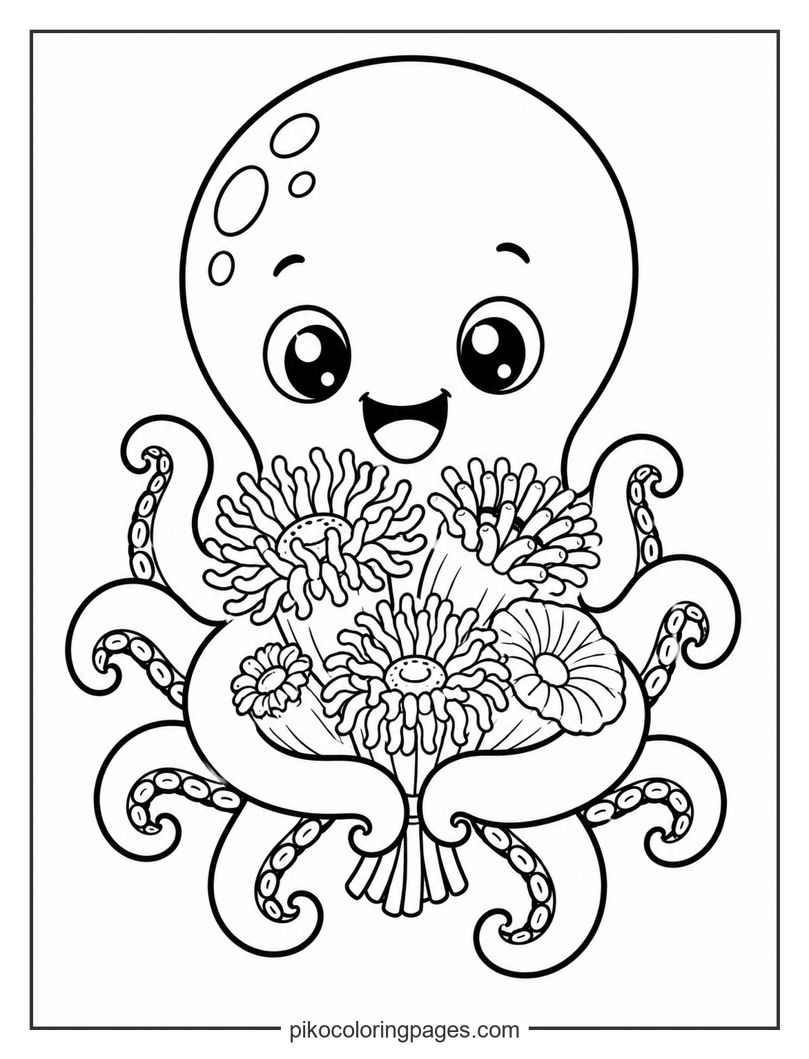 A beautiful bouquet of sea flowers for someone special. kawaii octopus with sea flowers coloring page