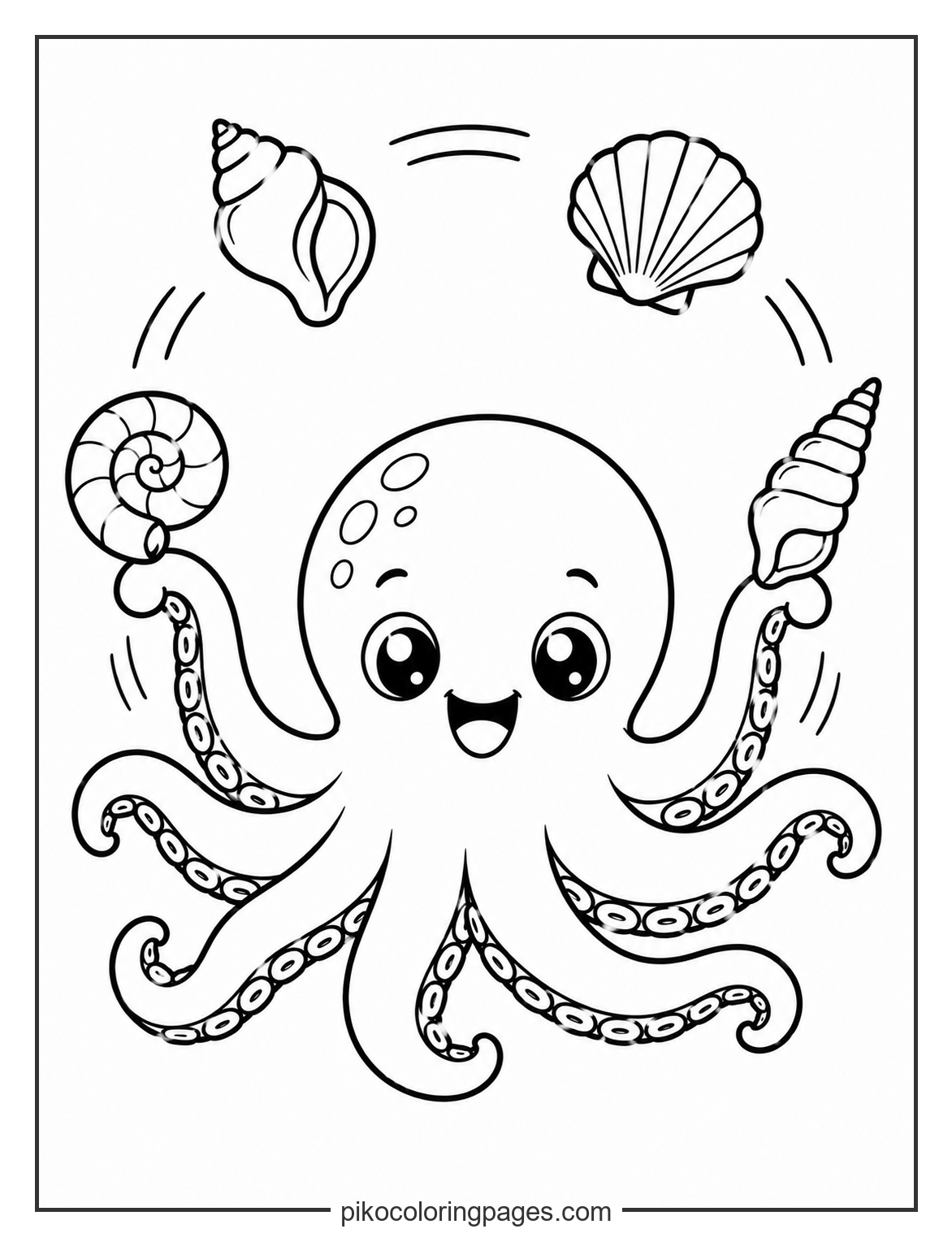 Look at those juggling skills! This octopus is a pro. kawaii octopus juggling shells coloring page