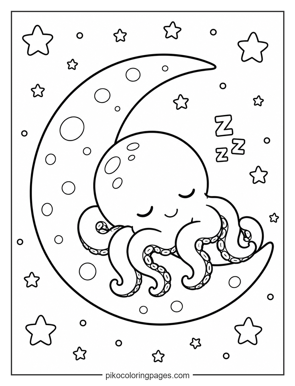 Sweet dreams for this little octopus in the stars. kawaii octopus sleeping on the moon coloring page