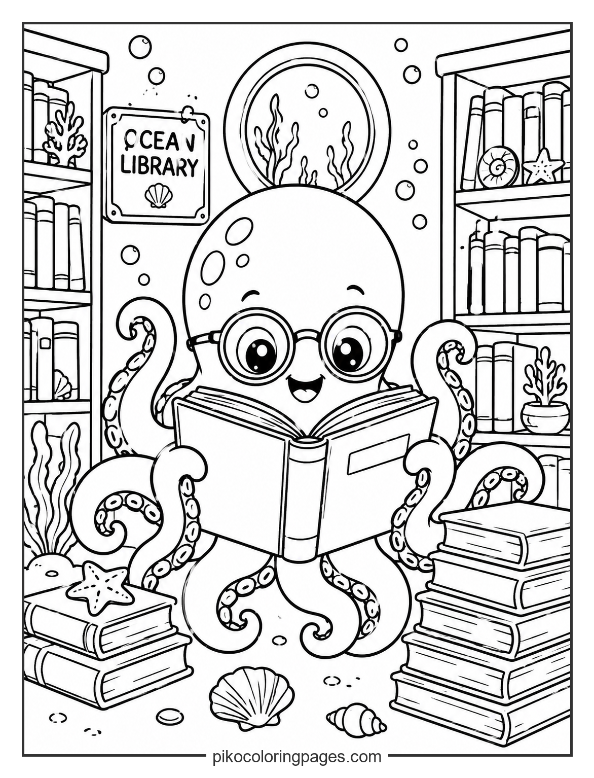 The smartest octopus in the whole wide ocean! kawaii octopus reading a book coloring page