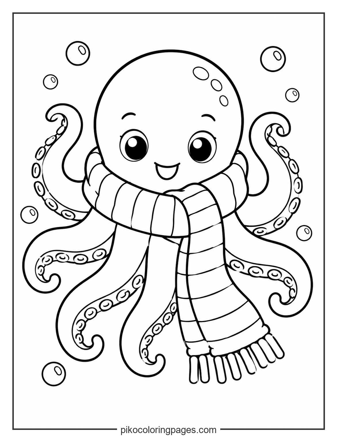 Staying cozy even under the deep blue sea! kawaii octopus wearing a scarf coloring page