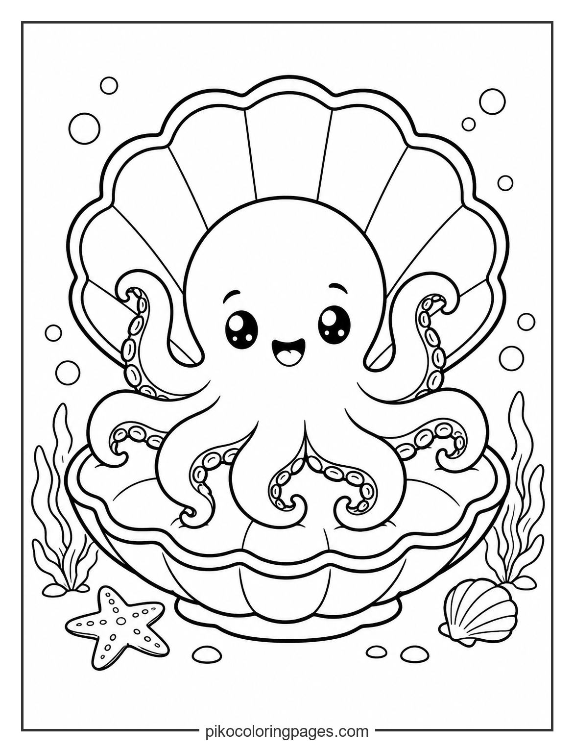 The king or queen of the reef sitting on a shell throne. kawaii octopus in a shell chair coloring page