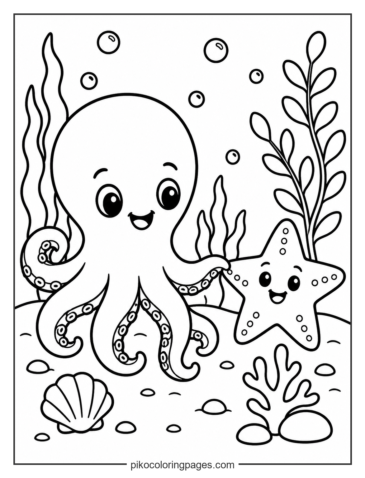 Best friends forever under the sea! cute octopus and starfish friends coloring page