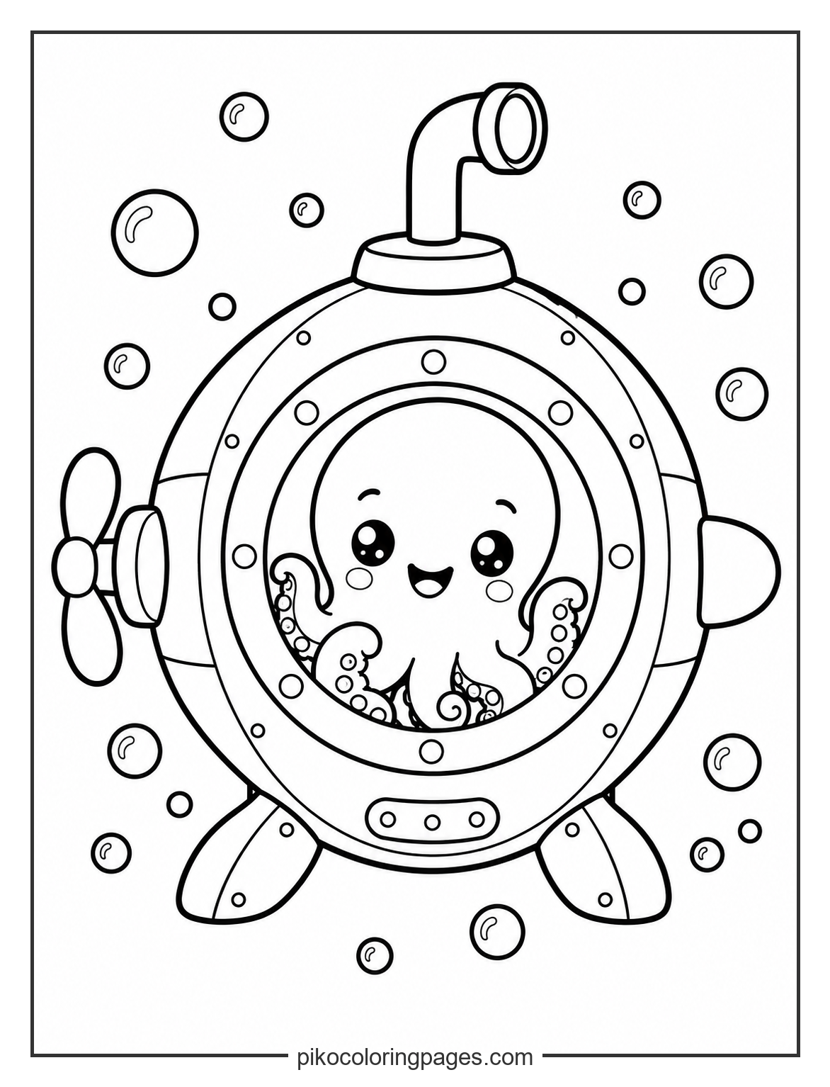 A unique way for an octopus to explore the deep! kawaii octopus in a submarine coloring page