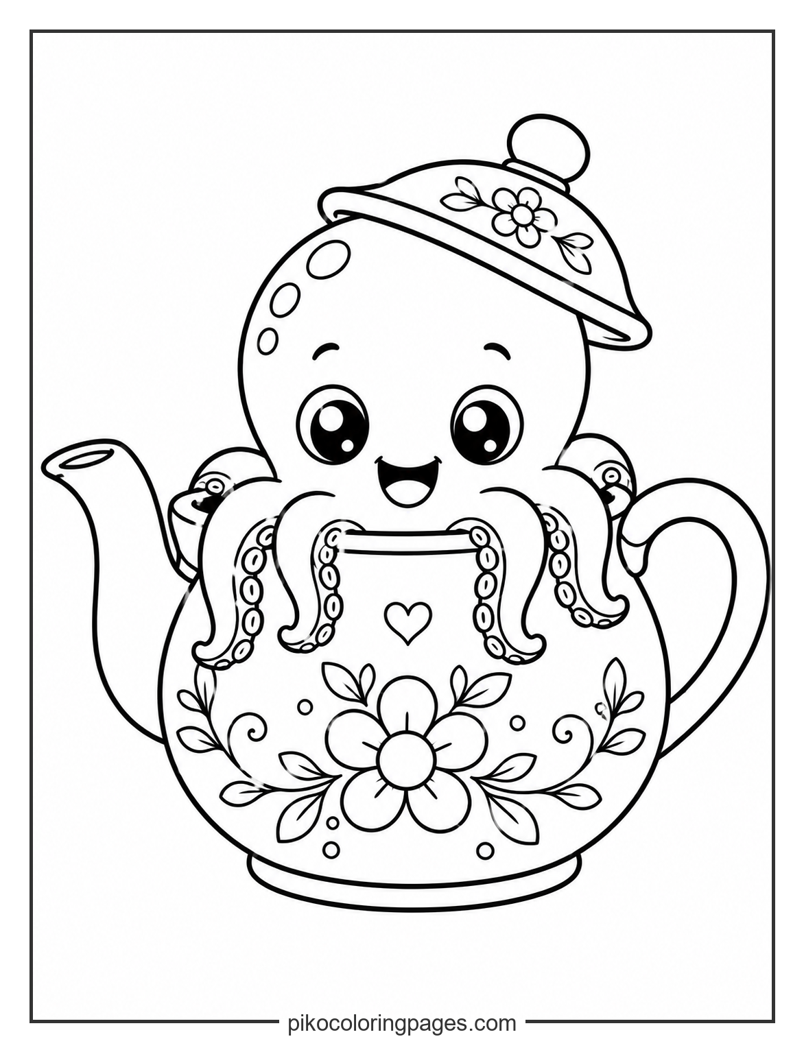 An octopus finds a cozy new home in a teapot. kawaii octopus in a teapot coloring page