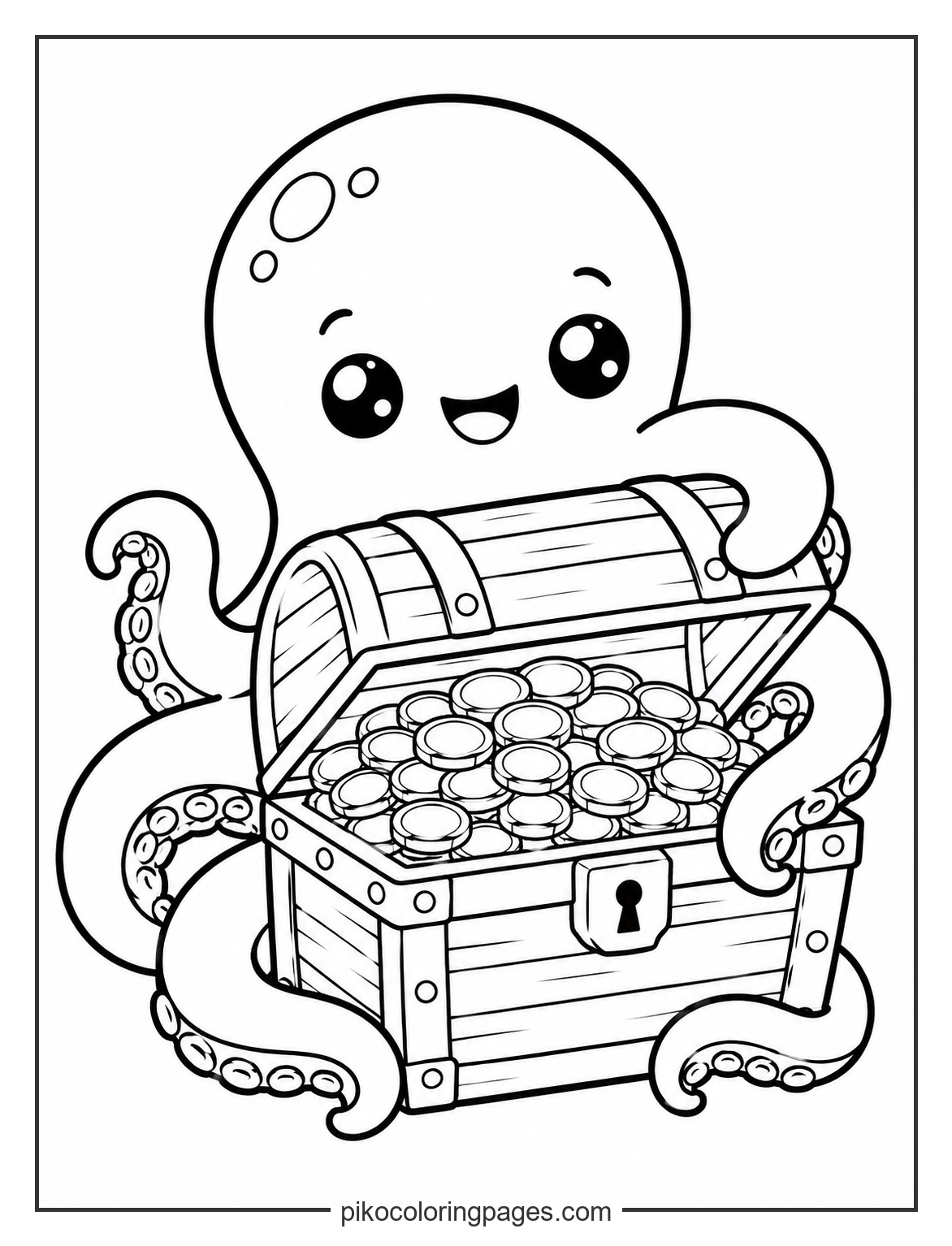 This lucky octopus found a sunken treasure! kawaii octopus with treasure chest coloring page