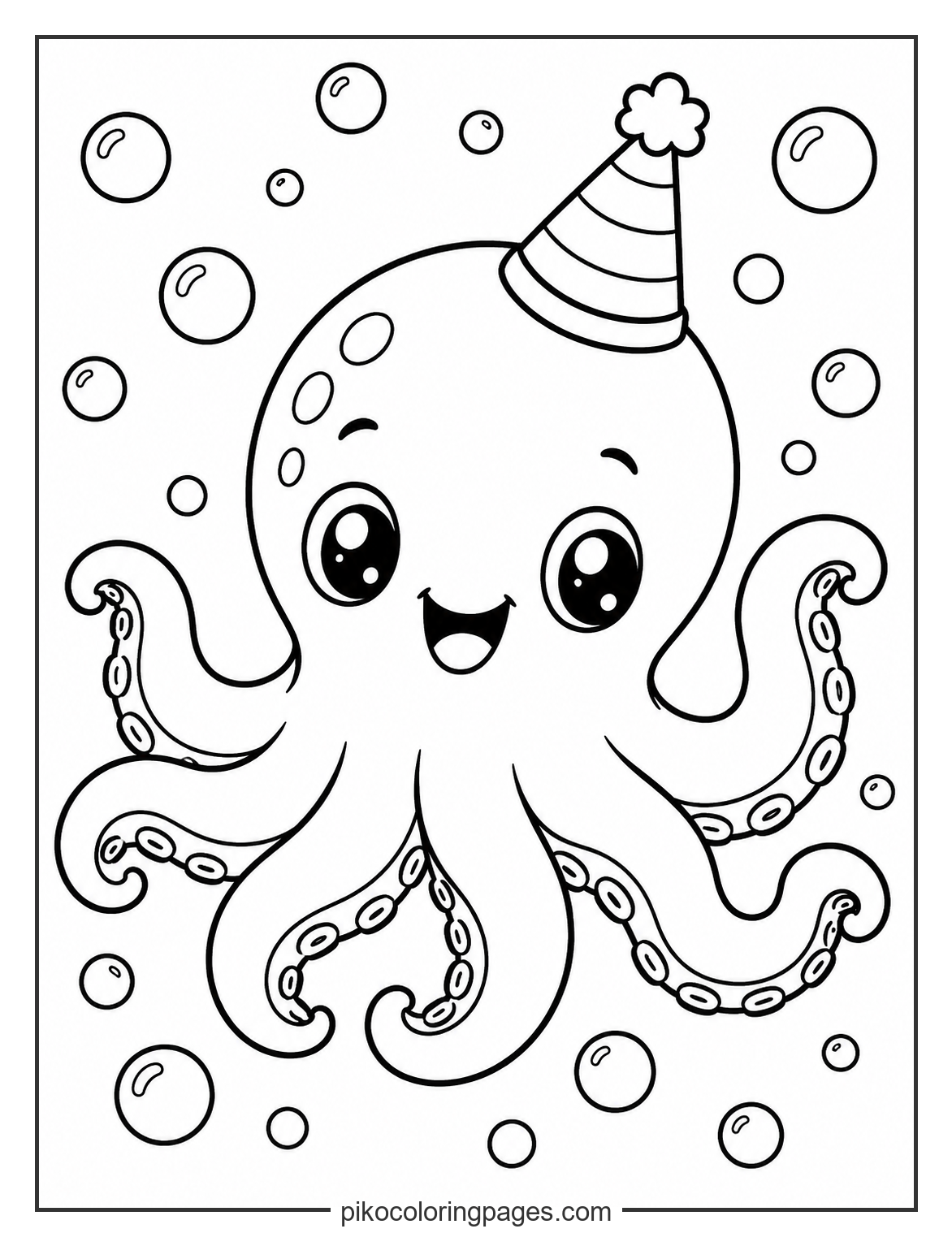 Celebrate with this happy octopus at an underwater party! kawaii octopus with party hat coloring page