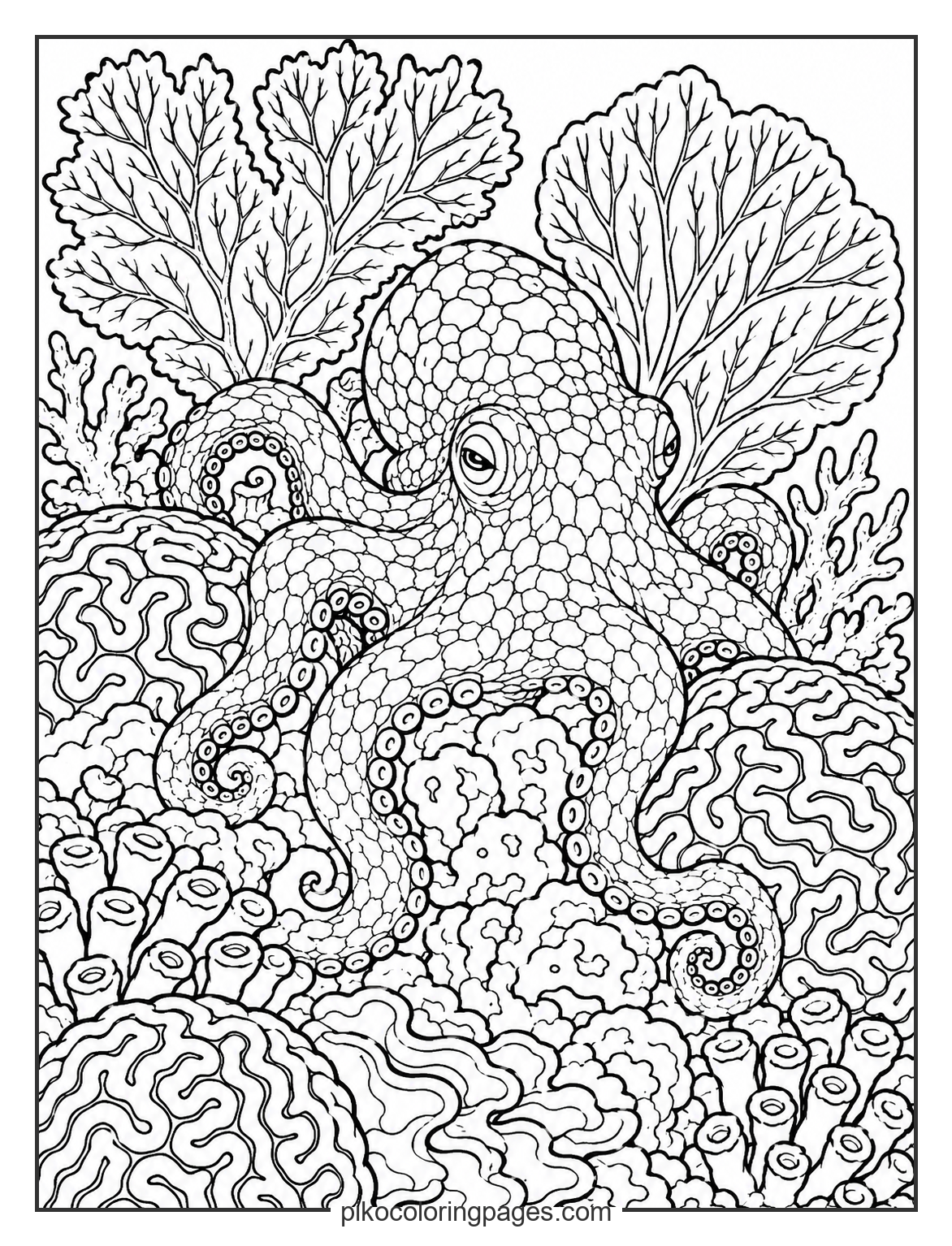 Can you spot the octopus hiding in the coral? realistic octopus camouflage coloring page
