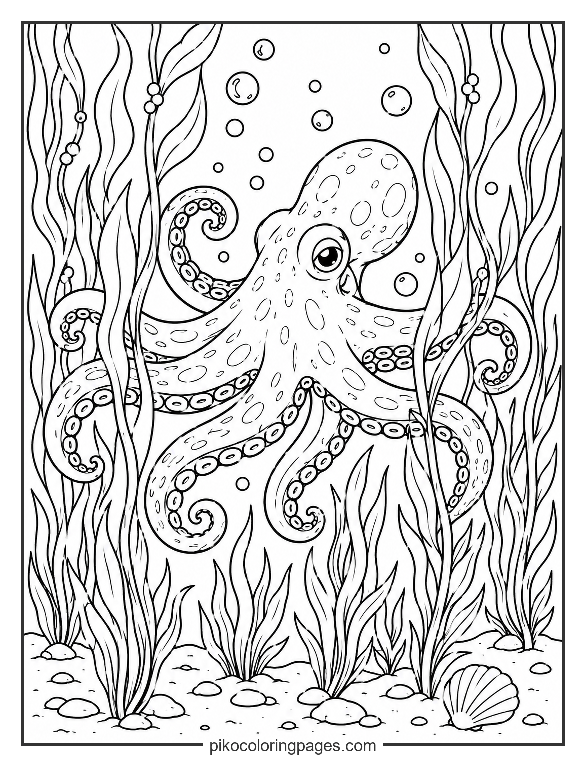 A peaceful scene of an octopus gliding through the kelp. realistic octopus swimming in kelp forest coloring page