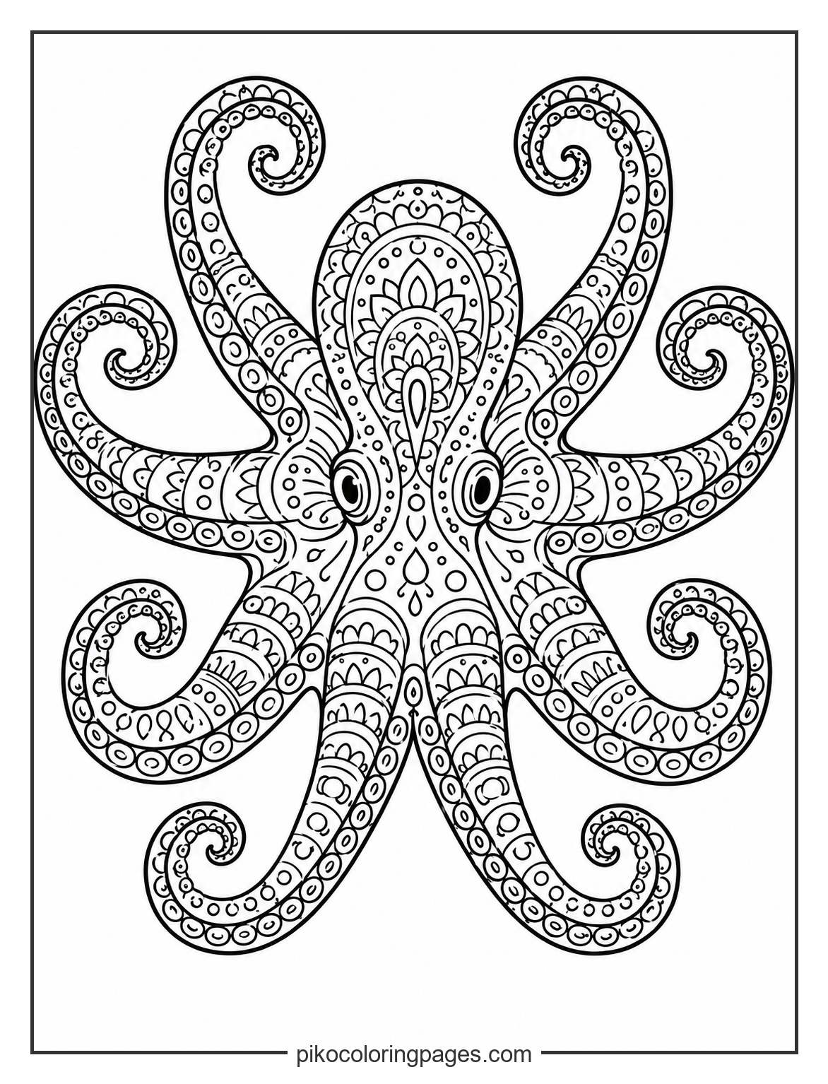 A mesmerizing radial pattern based on an octopus. symmetrical octopus arm mandala coloring page