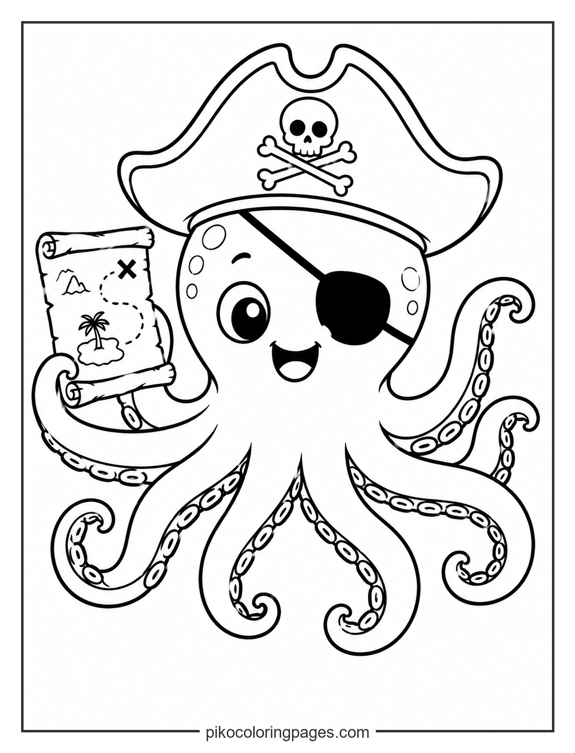 Arrr! This pirate octopus is searching for sunken gold. pirate octopus with treasure map coloring page
